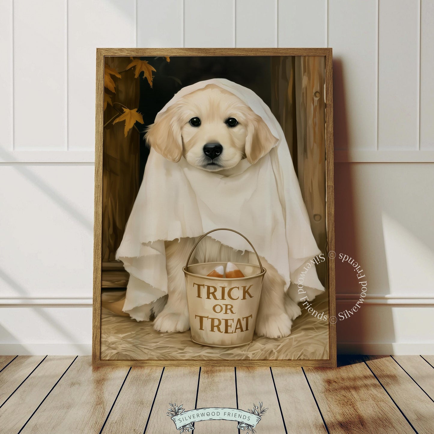 Puppy ghost costume picture printable for seasonal display — dark academia Halloween vibe with muted color palette