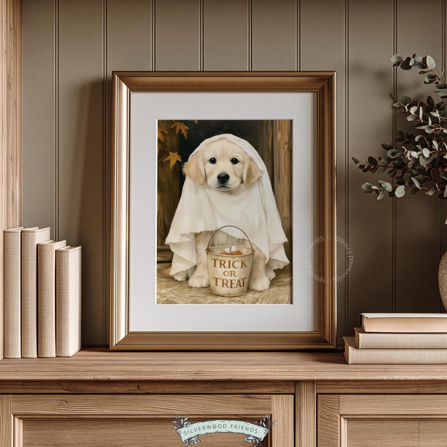 Golden retriever puppy ghost costume printable art for Halloween — cute spooky seasonal wall decor