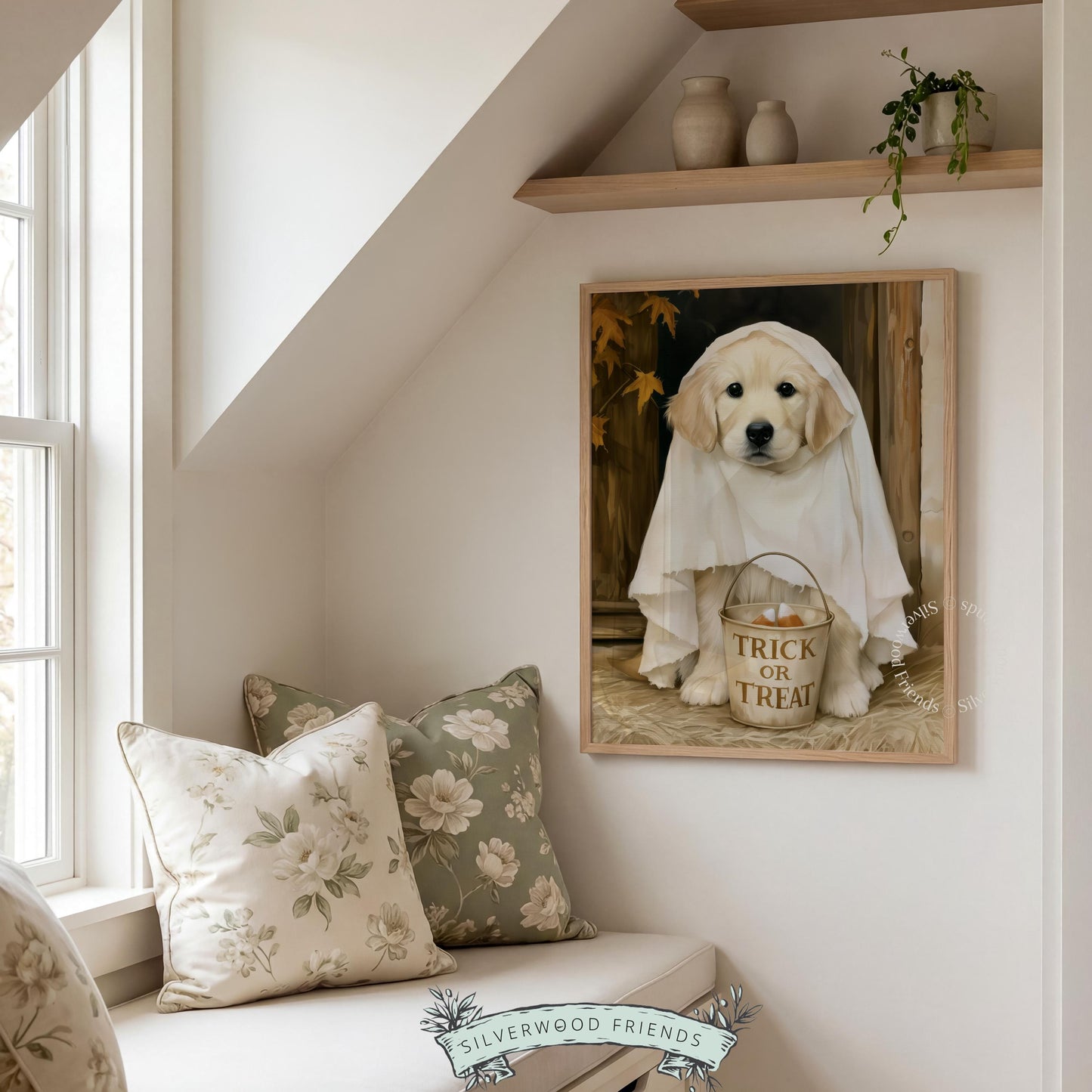 Puppy in white ghost costume wall print instant download — spooky cozy décor featuring candy bucket and autumn mood
