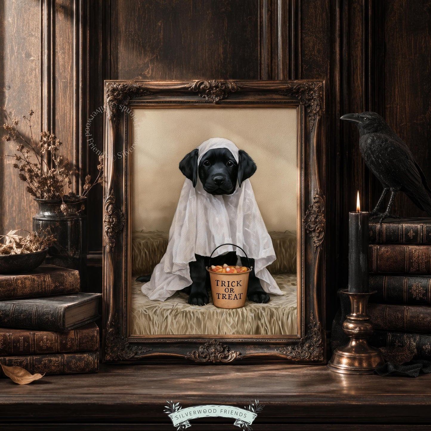 Halloween pet illustration wall art for kitchen — charming Lab pup with trick-or-treat bucket charm