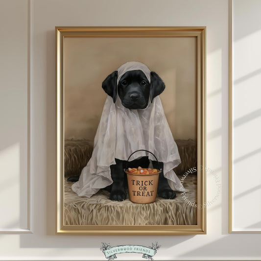 Charming pup ghost illustration digital art — Halloween-themed black Lab with playful sophistication