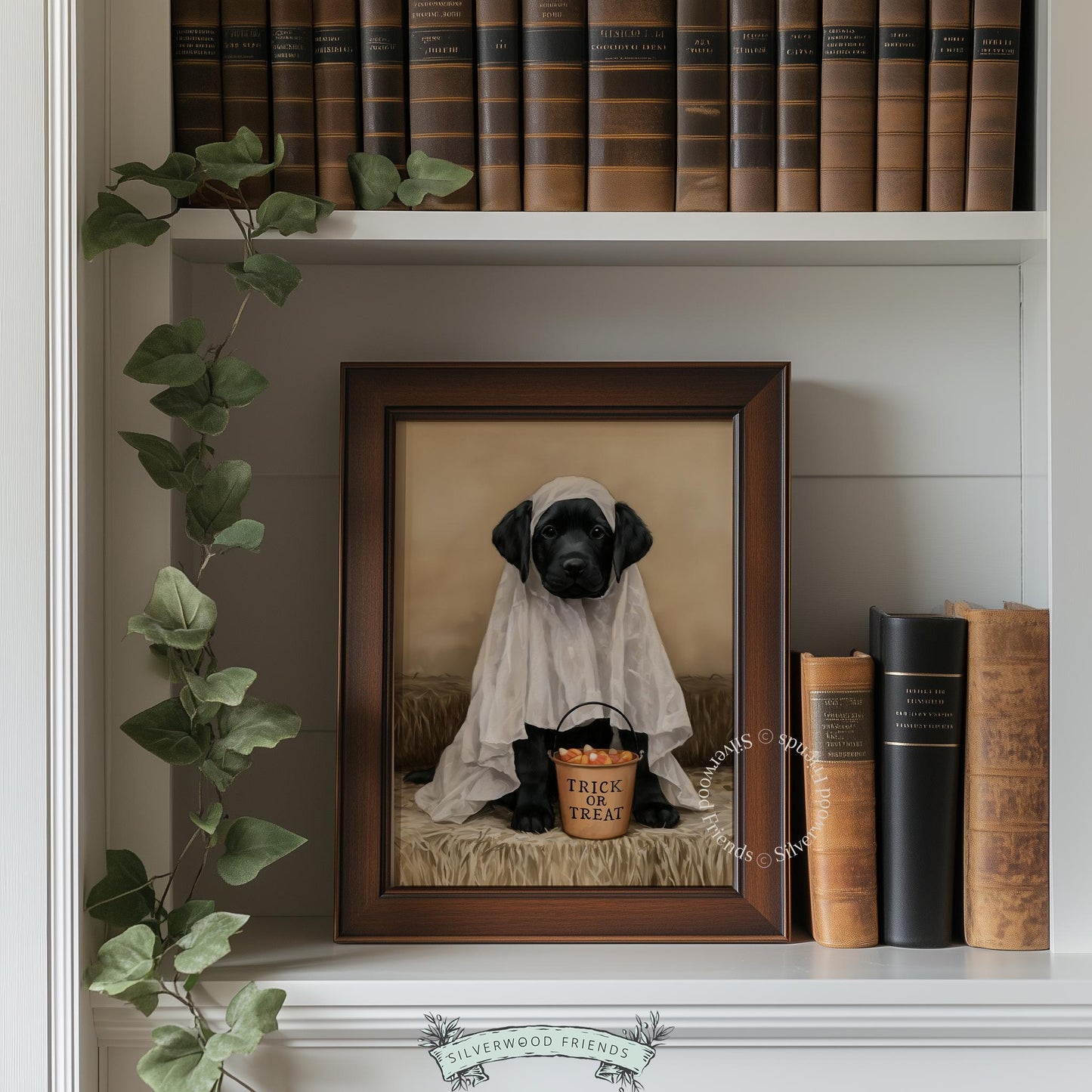 Festive puppy ghost artwork for nursery — adorable black Labrador with candy pail and character