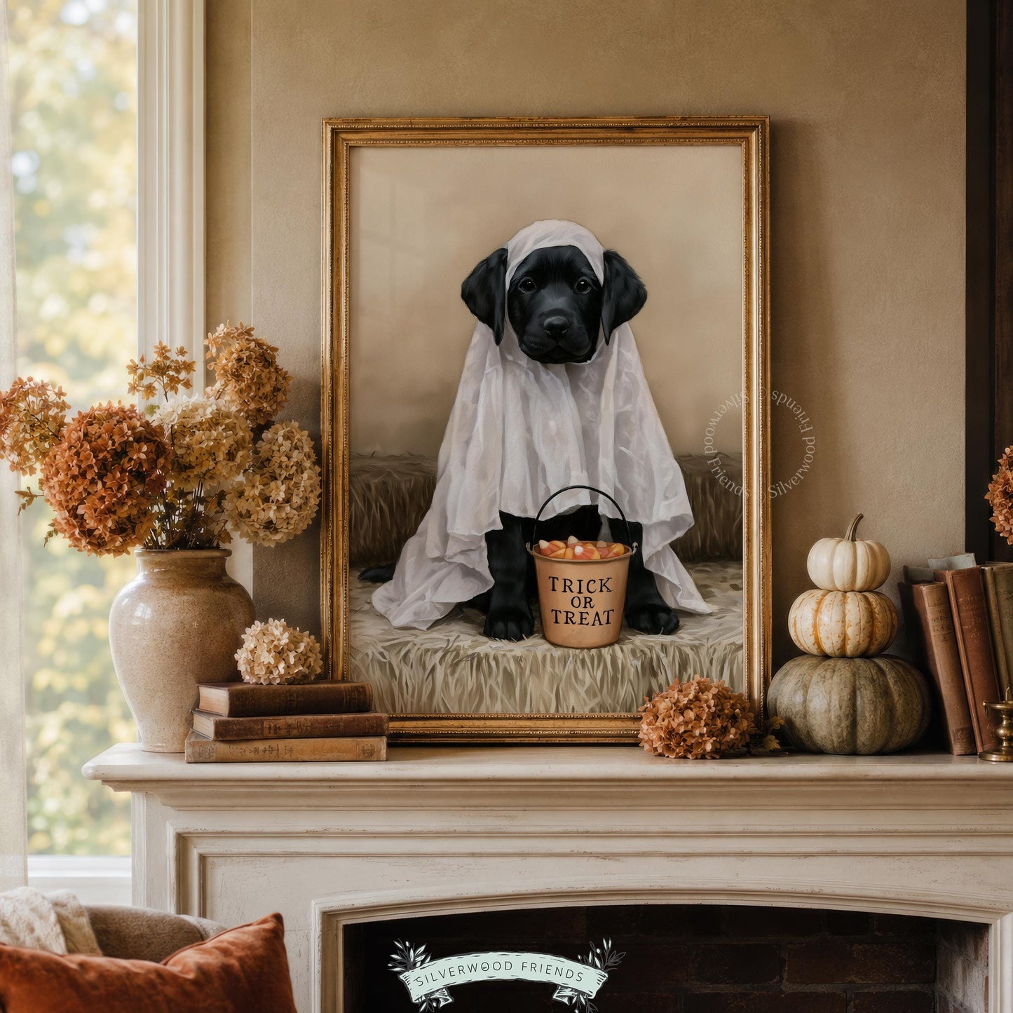 Rustic fall dog poster for dining room — ghost-suited black puppy with cozy seasonal mood