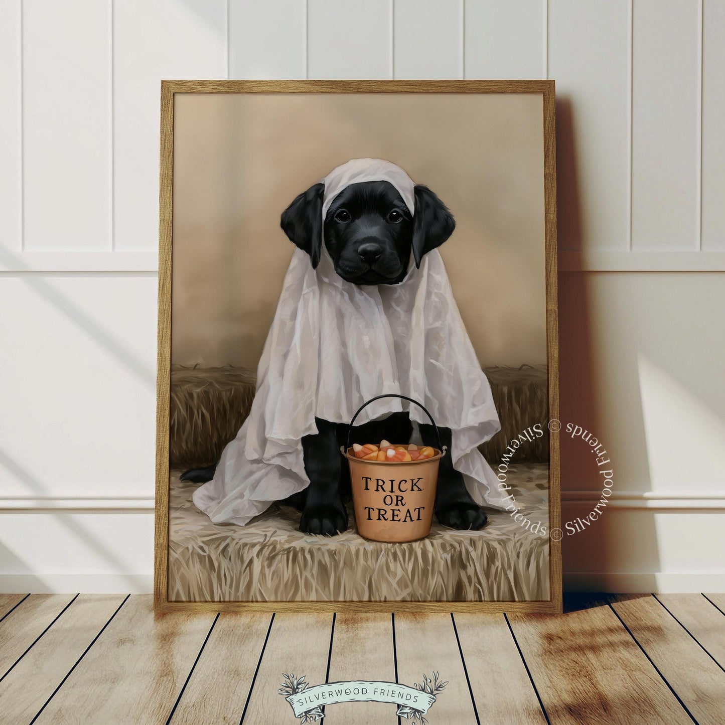Cottagecore ghost dog picture for hallway — warm sepia-toned puppy portrait with vintage appeal