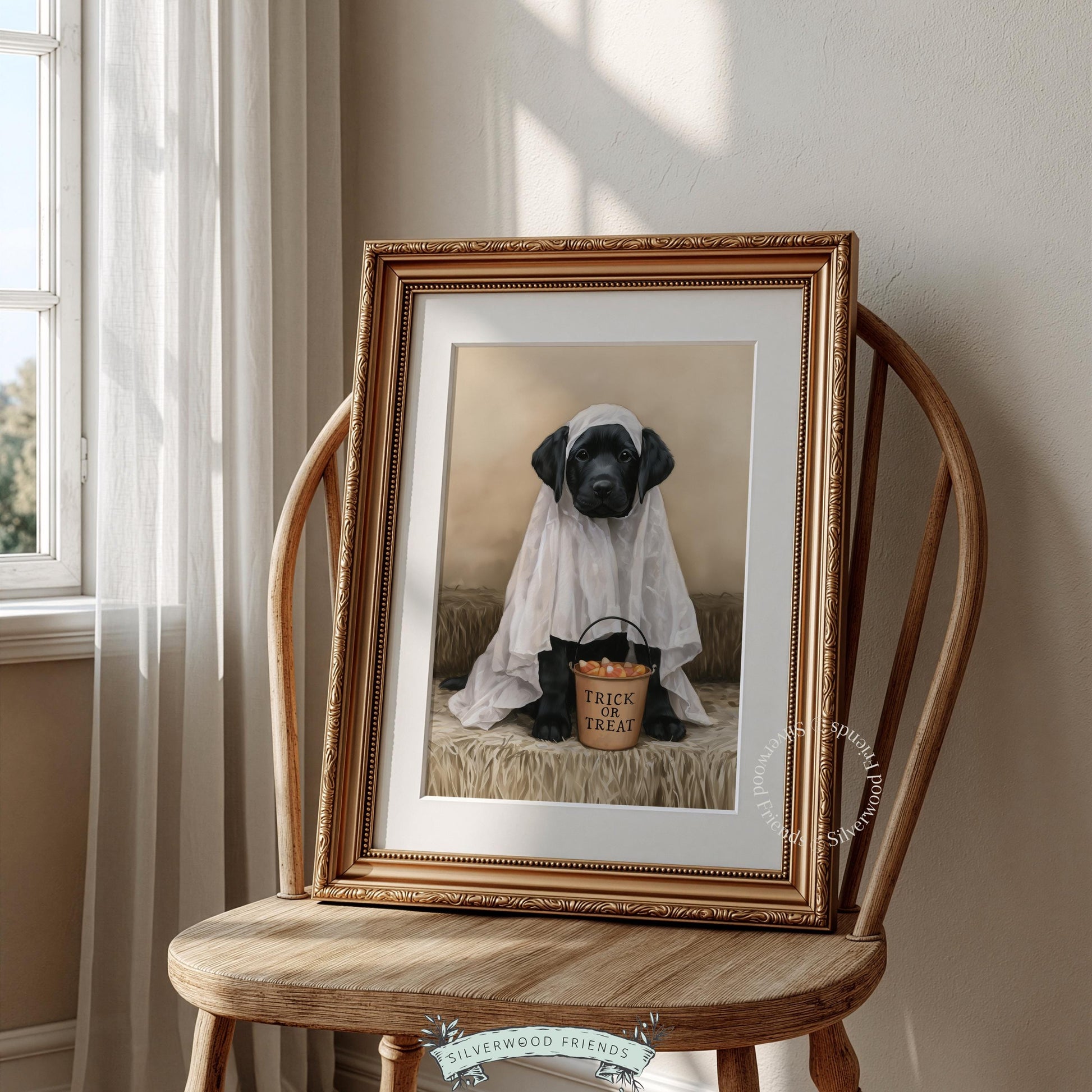 Vintage pet portrait poster — black puppy ghost character with candy bucket and doe-eyed gaze