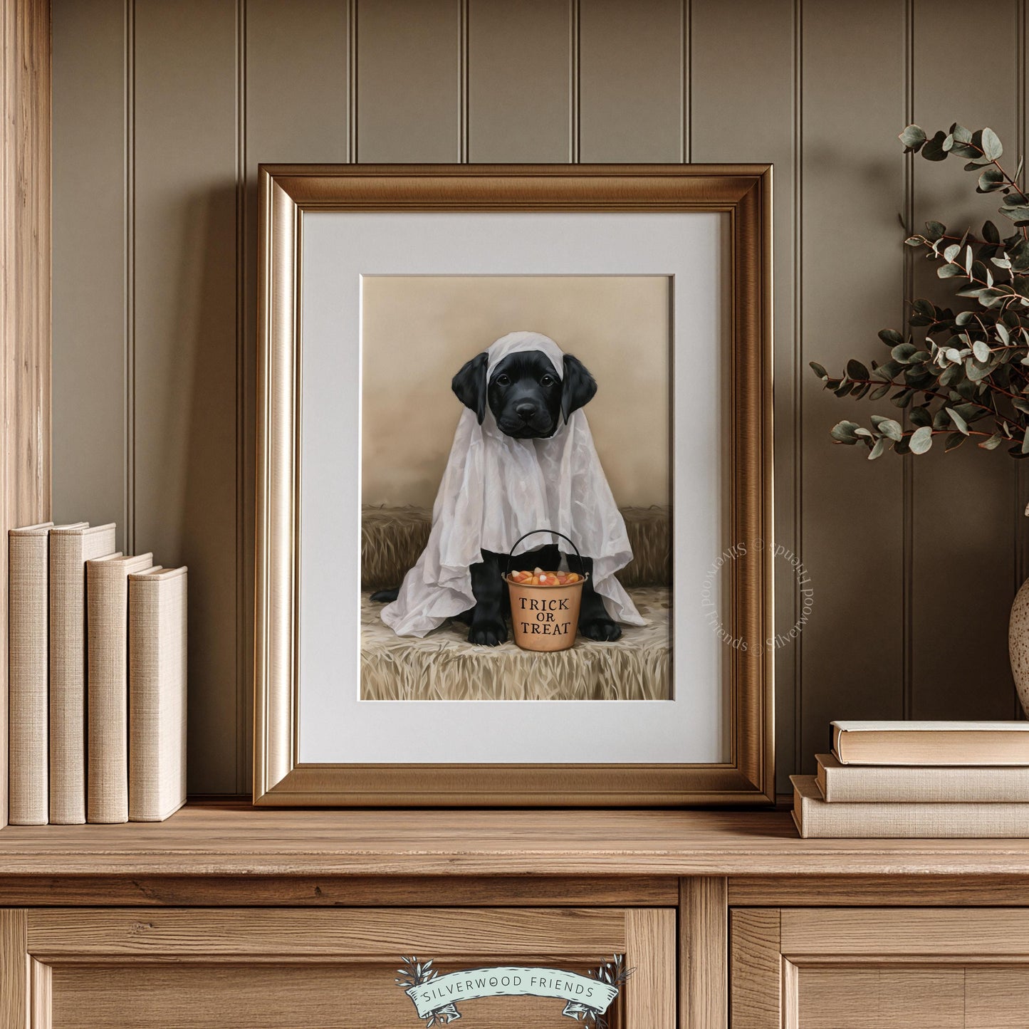 Moody autumn dog printable for office — serious-faced Lab in ghost outfit with textured finish