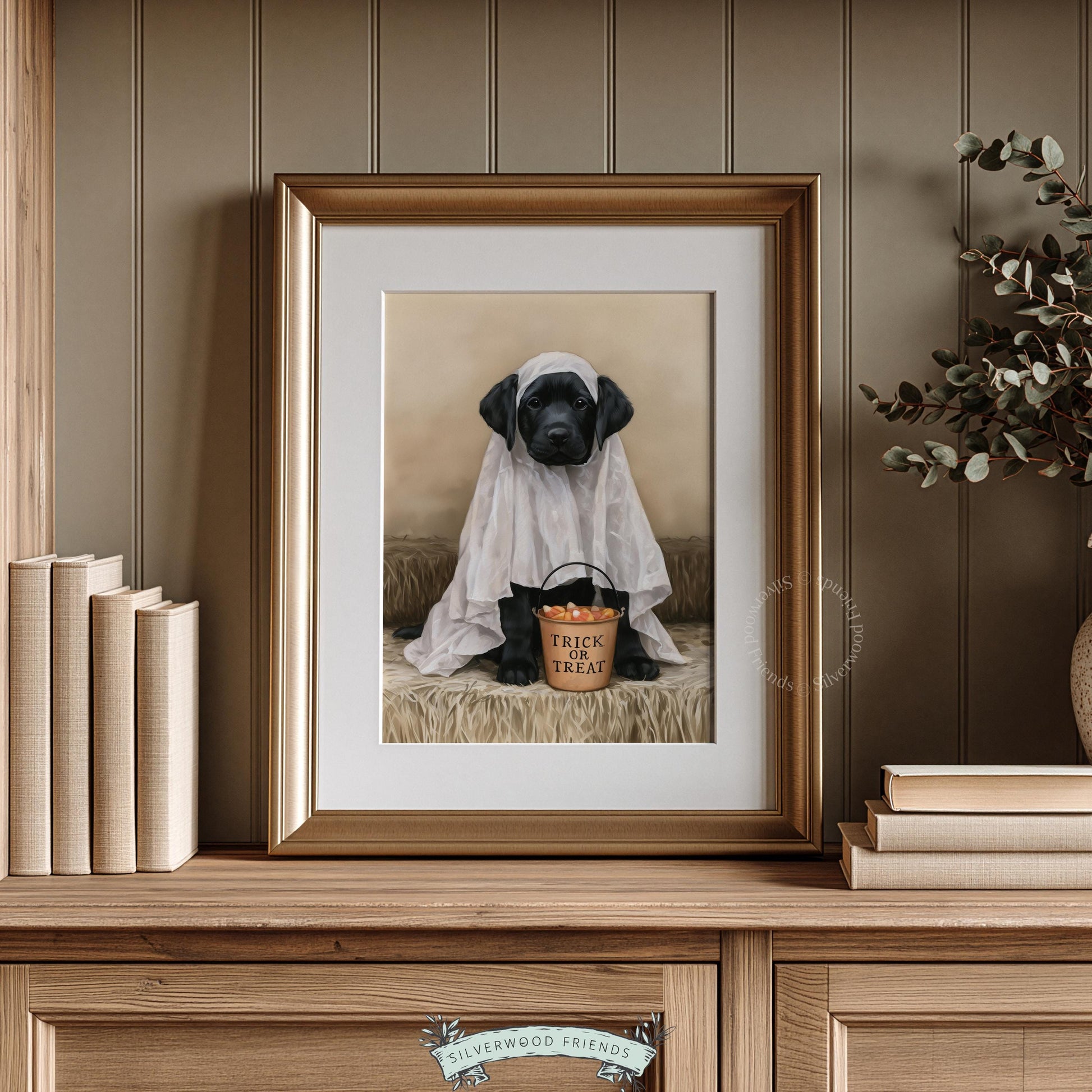 Moody autumn dog printable for office — serious-faced Lab in ghost outfit with textured finish