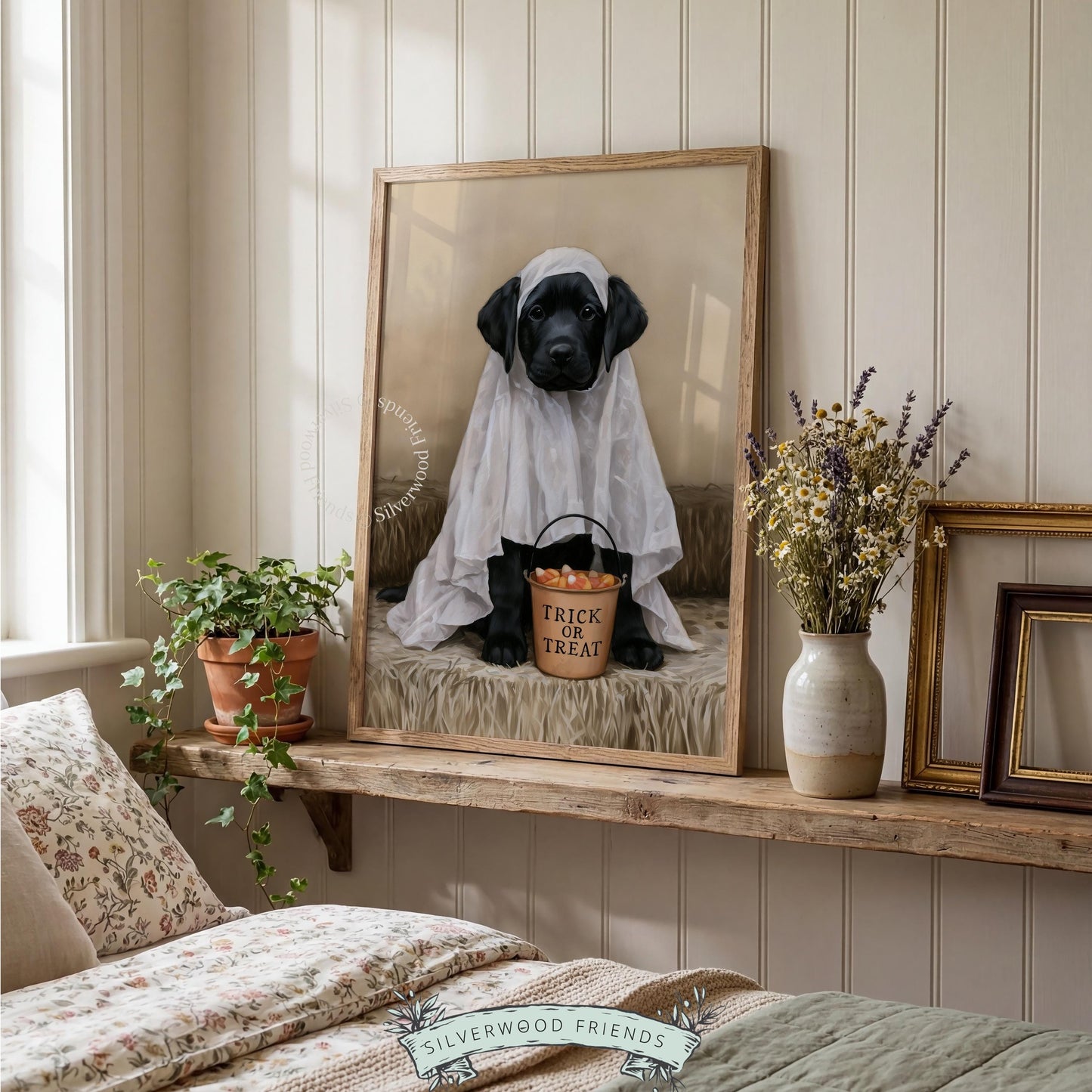 Cute ghost puppy digital print for entryway — warm vintage dog art with cozy Halloween vibes