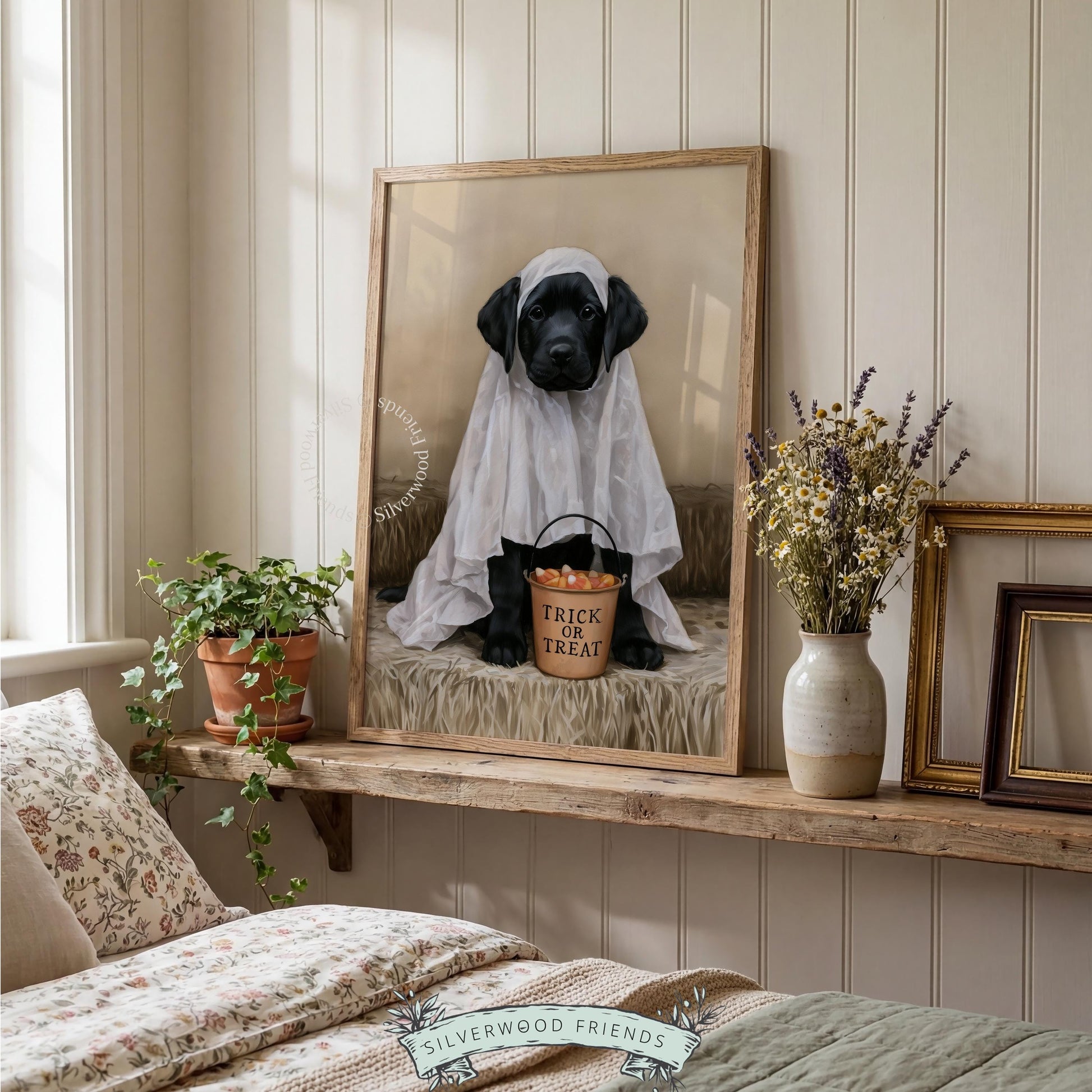 Cute ghost puppy digital print for entryway — warm vintage dog art with cozy Halloween vibes