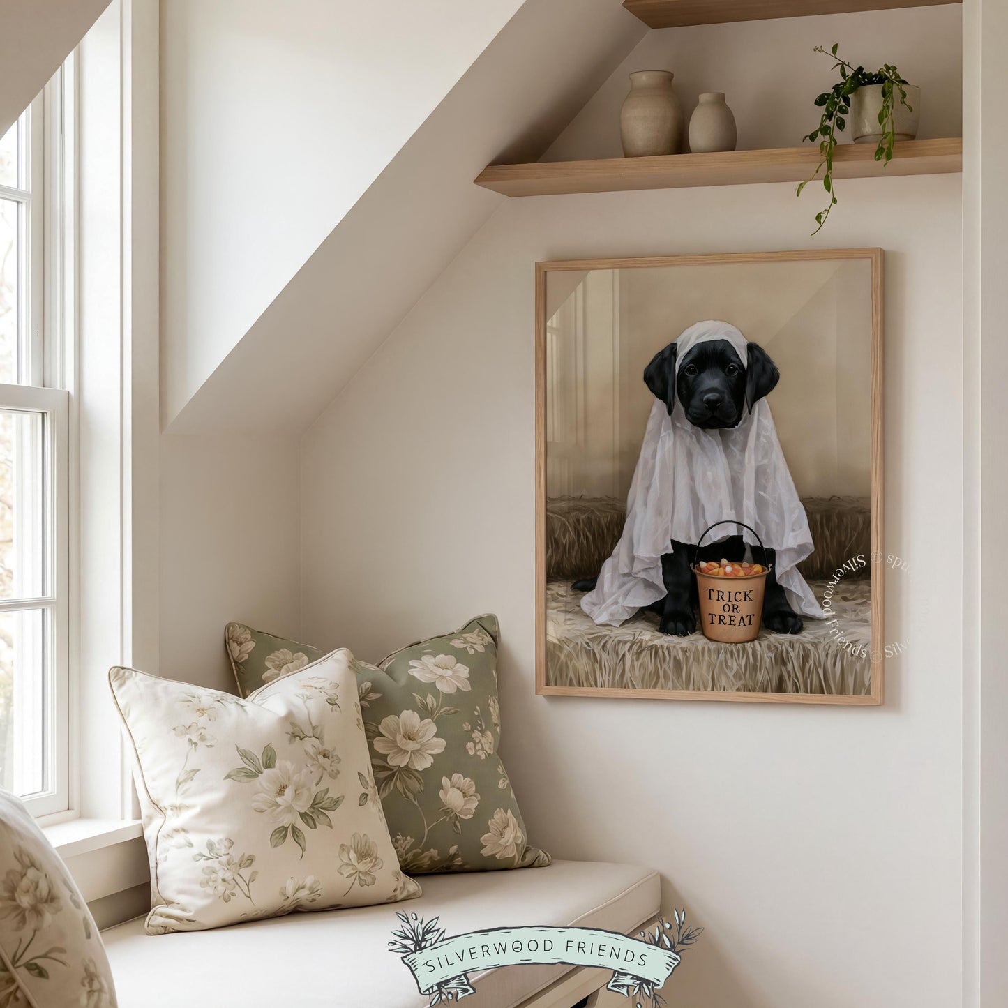 Black Lab puppy ghost costume printable art for Halloween — cute portrait with trick-or-treat bucket