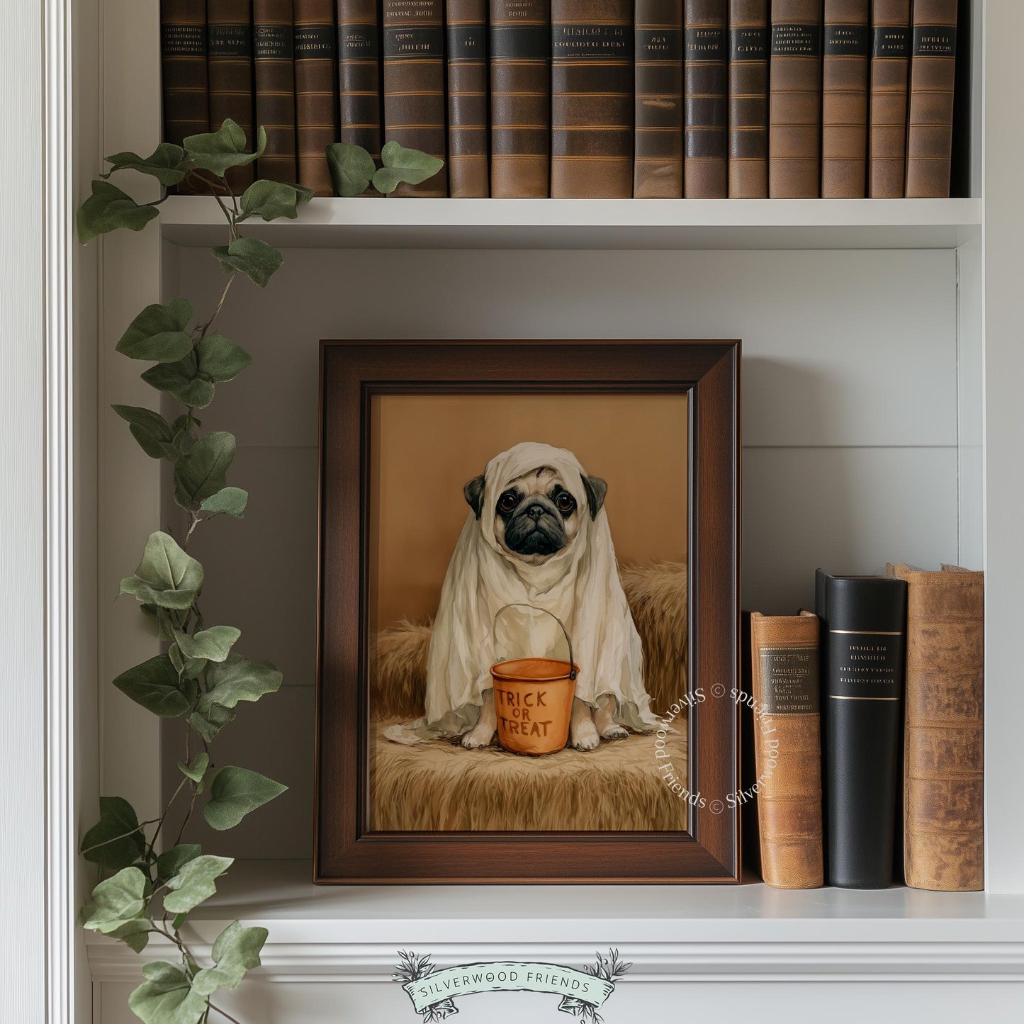 Pouting ghost dog picture printable art for hallway — autumn pet decor with soft realistic portrait aesthetic