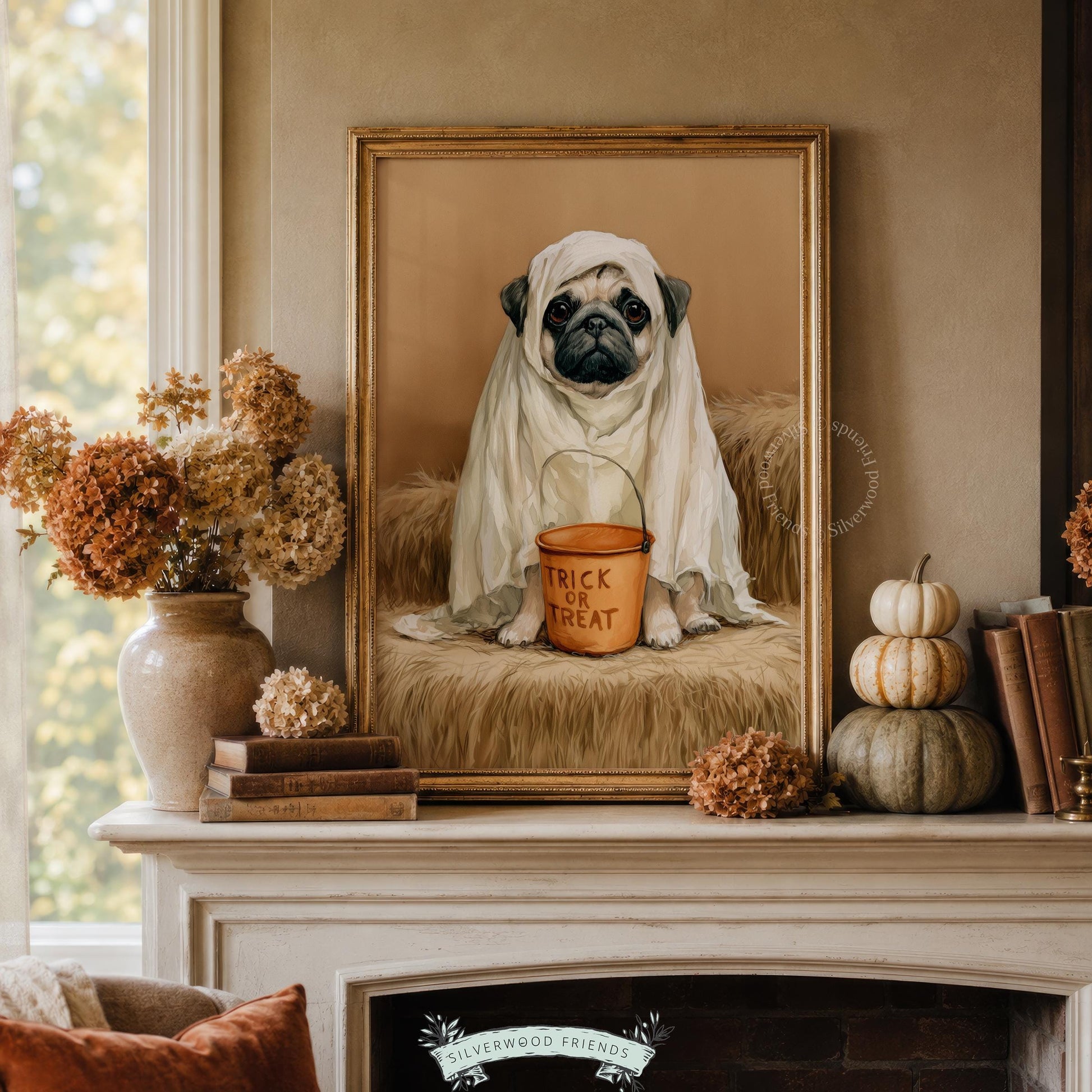 Sheet-ghost pug digital wall art print for living spaces — moody pet portrait with vintage charm and warm palette