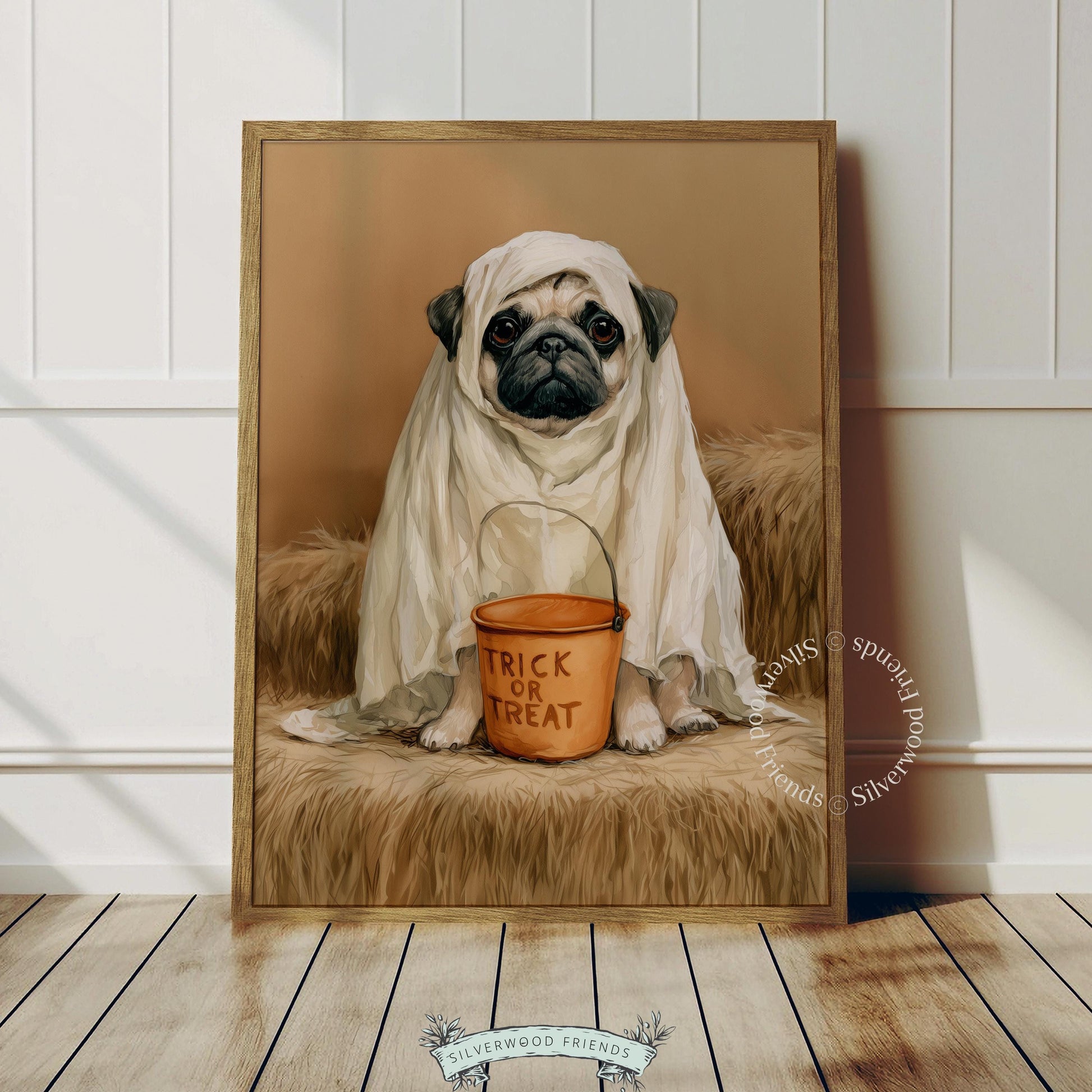 White-costumed pug digital download wall art — Halloween-themed pet portrait for autumn home decor