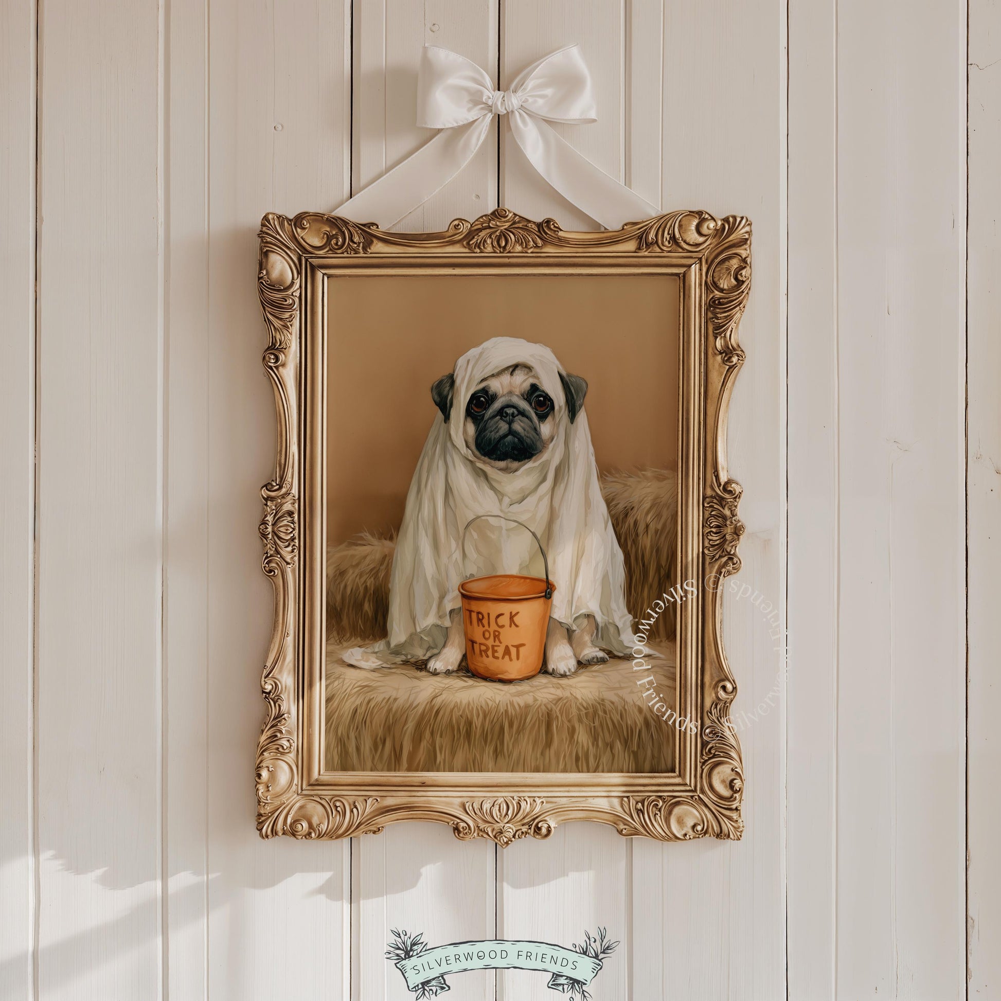 Pug ghost costume instant download poster art — Halloween canine artwork for spooky season wall display