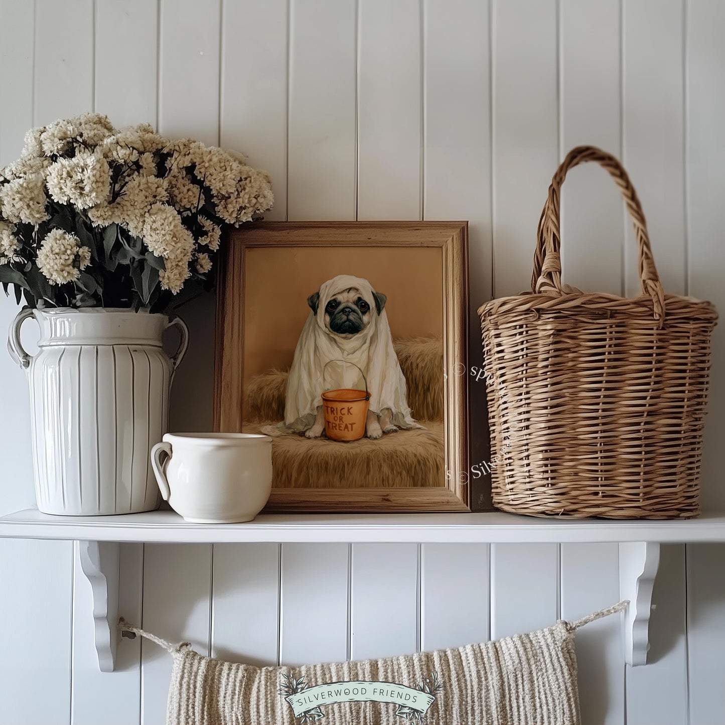 Pug ghost costume digital print for living room — funny autumn pet artwork with trick-or-treat theme