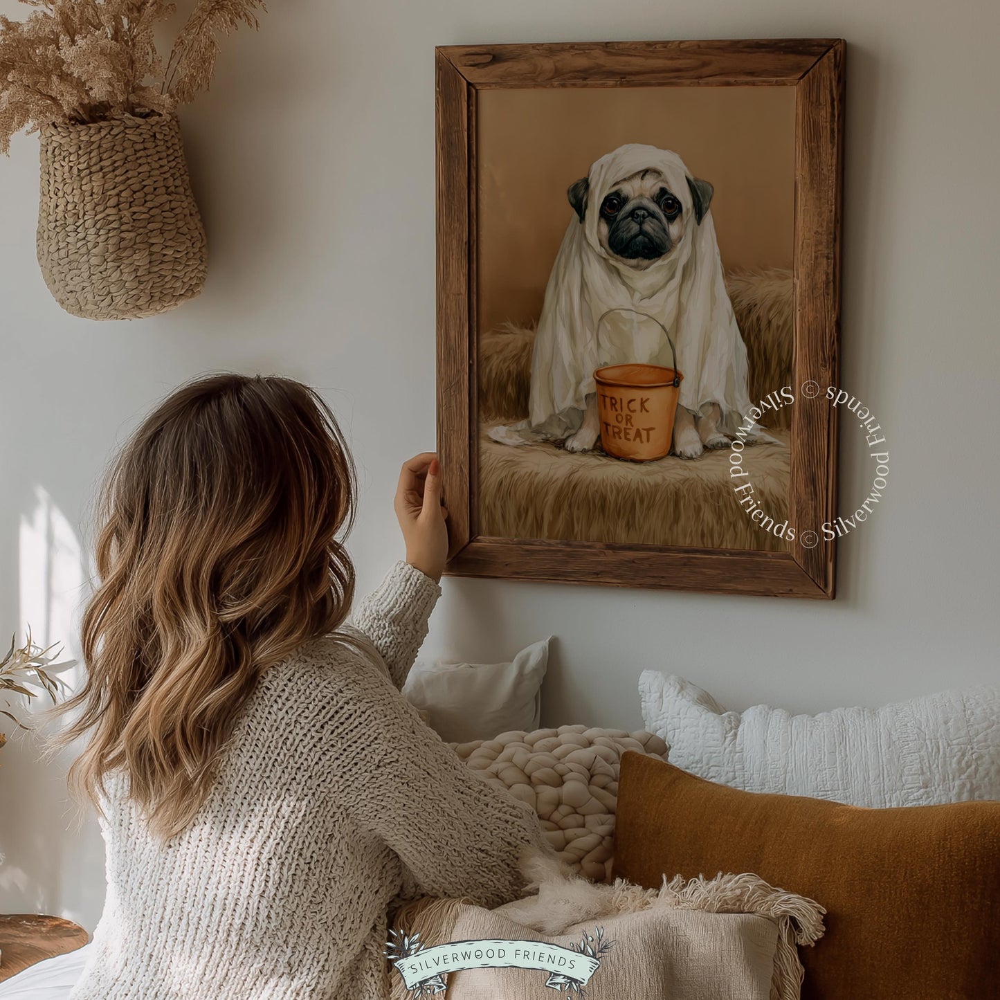 Grumpy costumed canine wall picture printable art — Halloween pup artwork featuring soft neutral color palette