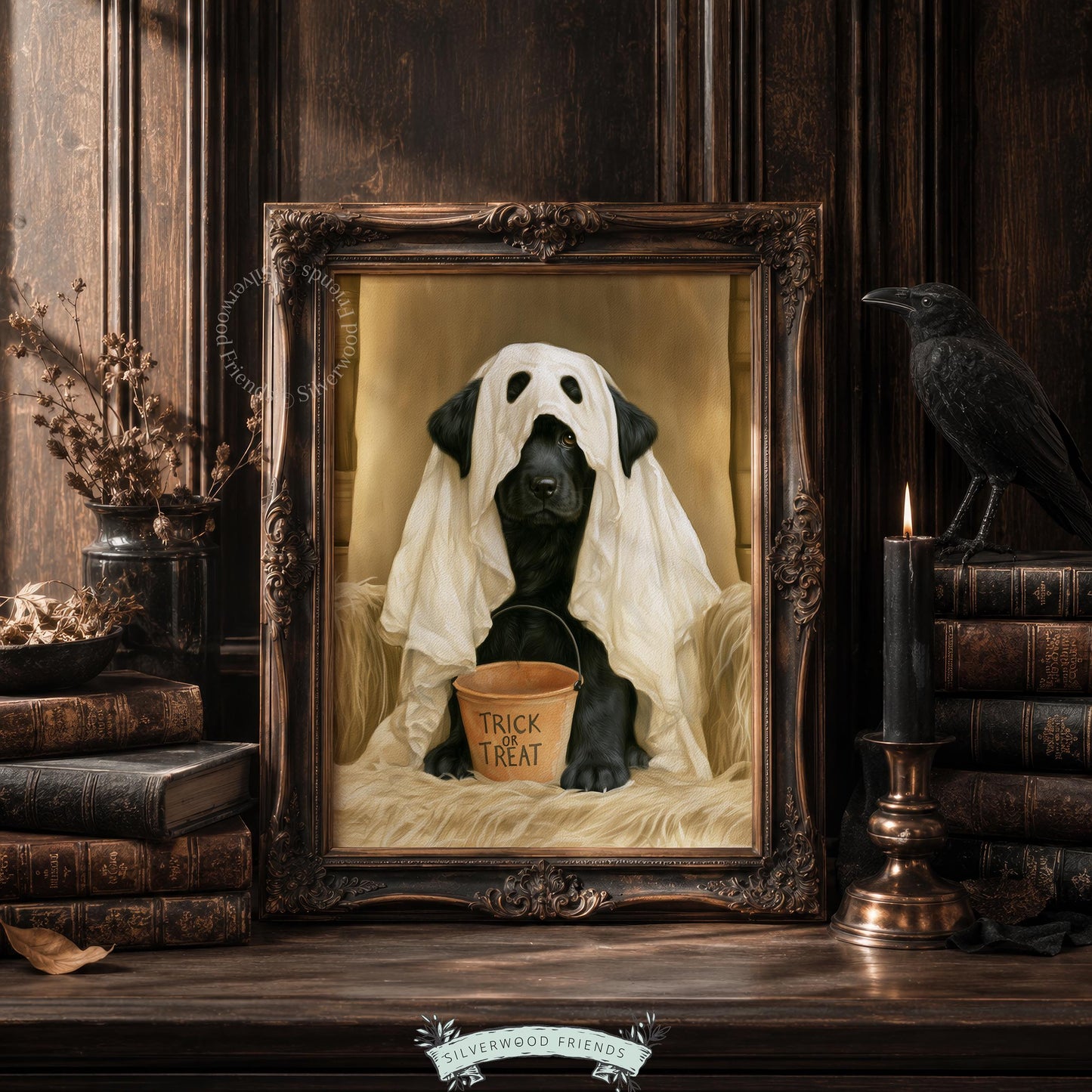 Ghost dog instant download for autumn decor — cozy wall print featuring Lab with soft painterly style