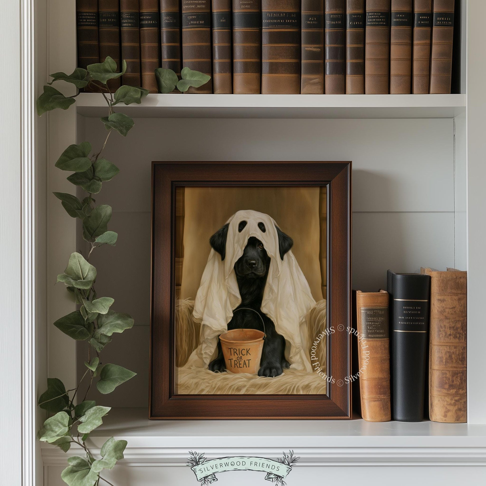 Black Labrador ghost costume printable art for Halloween — cute spooky dog portrait with trick-or-treat bucket