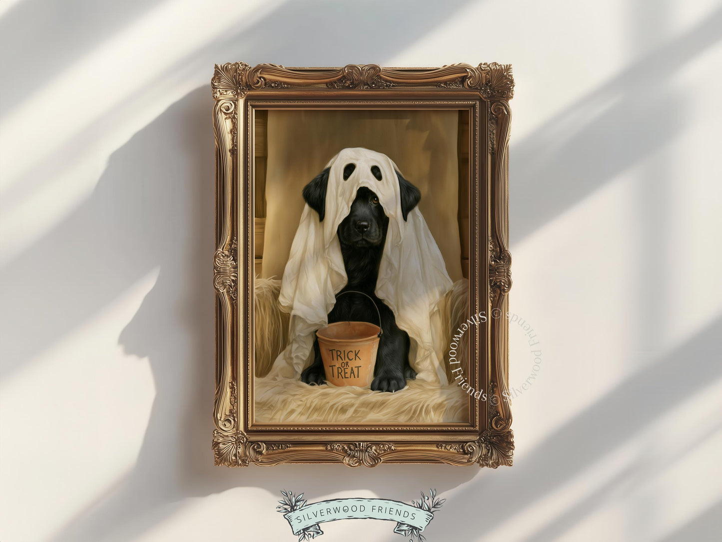 Black Lab in ghost costume picture printable — vintage pet portrait with warm neutral background