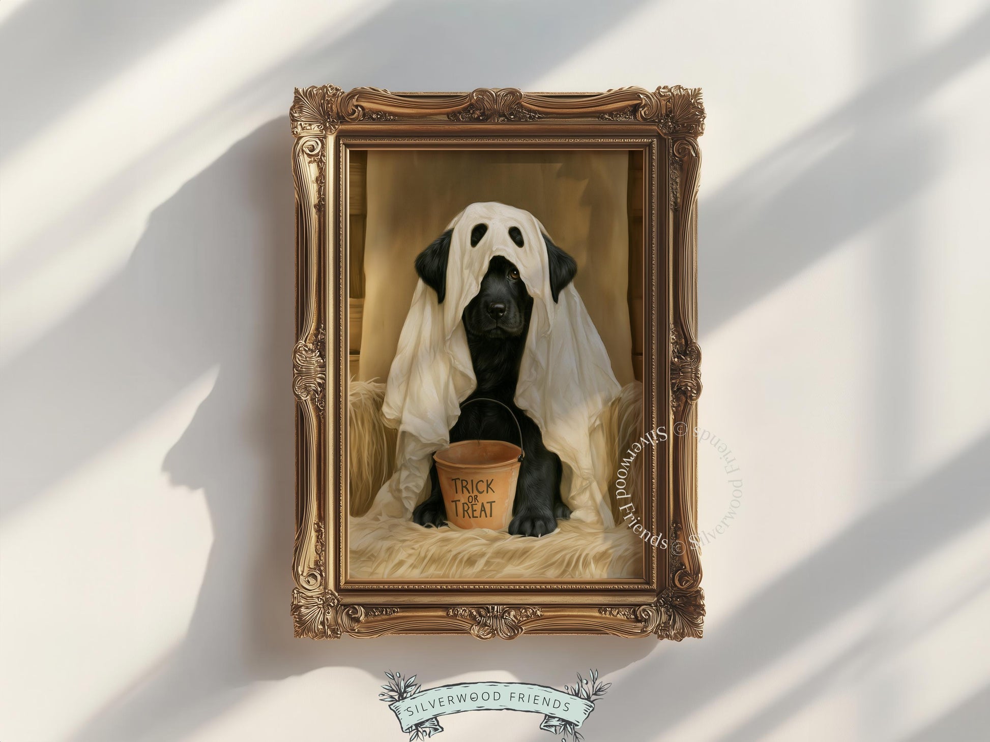 Black Lab in ghost costume picture printable — vintage pet portrait with warm neutral background