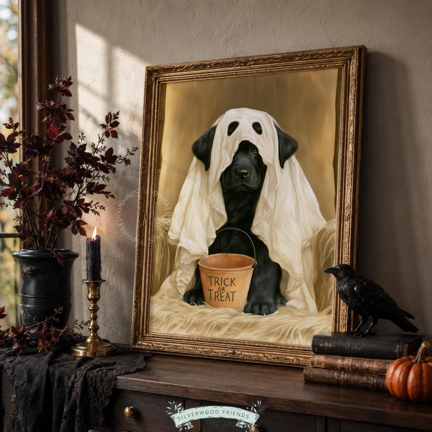 Dog trick-or-treat Halloween picture printable — vintage-style black Lab wearing sheet with pouty charm