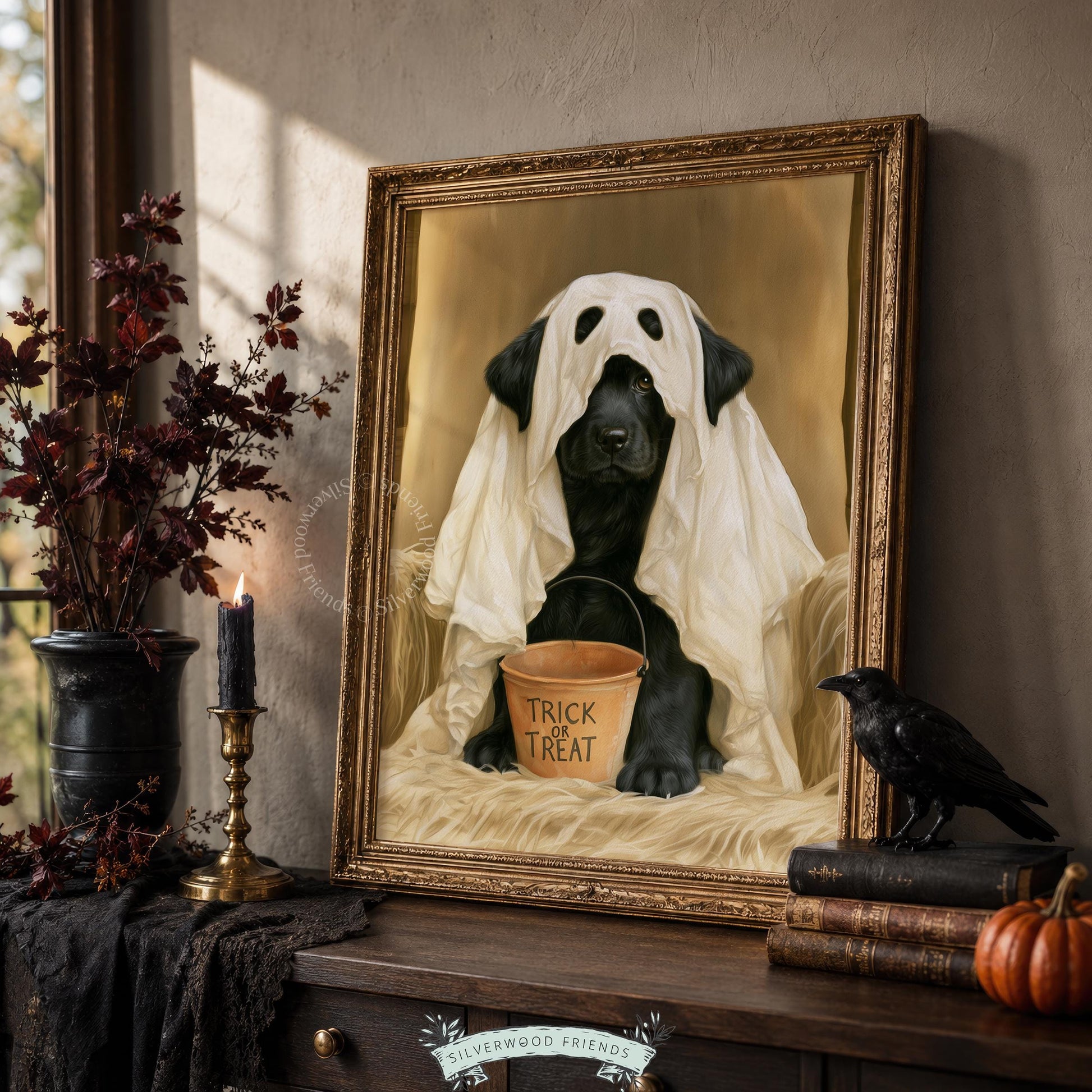 Dog trick-or-treat Halloween picture printable — vintage-style black Lab wearing sheet with pouty charm
