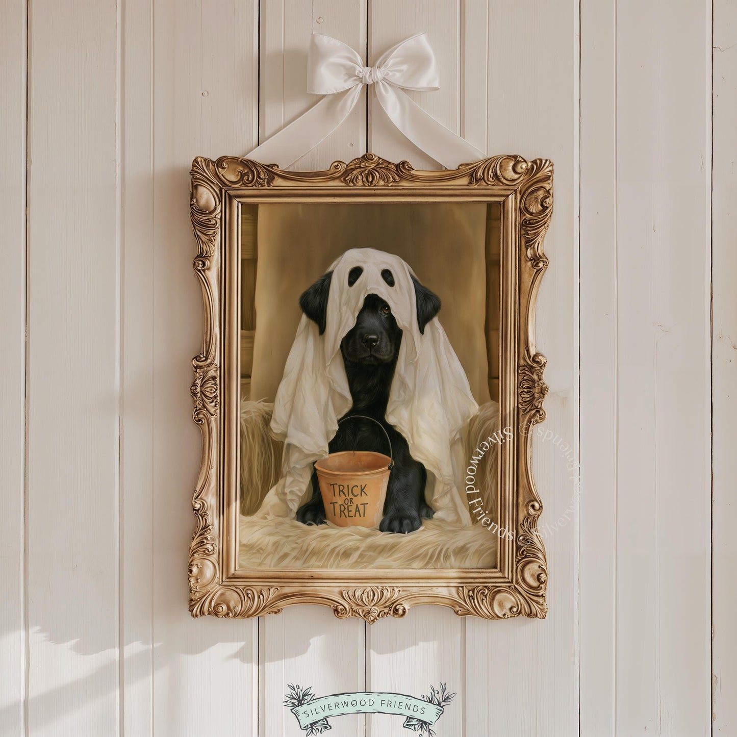 Trick-or-treat pup digital download poster — spooky yet cozy vintage dog painting with terracotta bucket