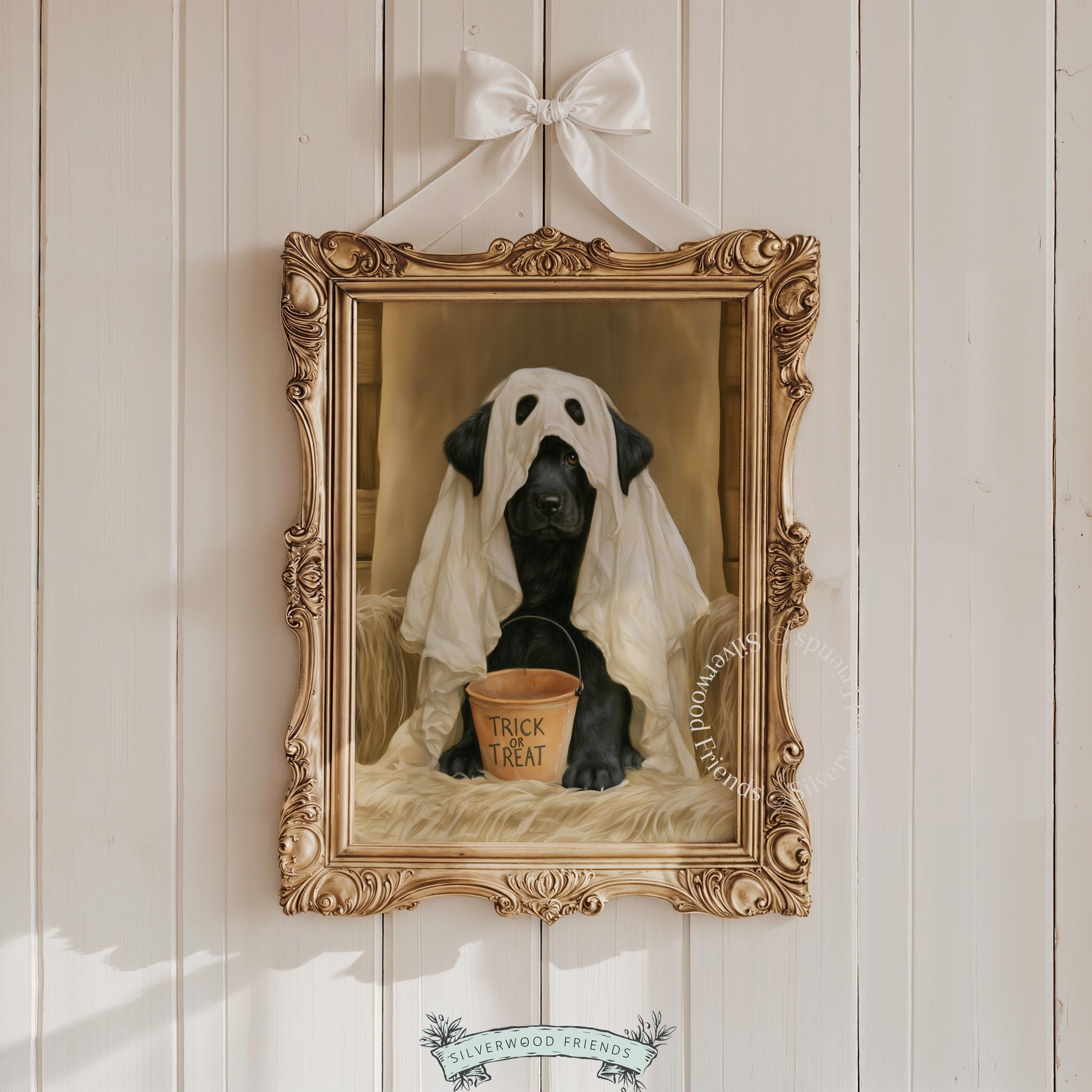 Trick-or-treat pup digital download poster — spooky yet cozy vintage dog painting with terracotta bucket