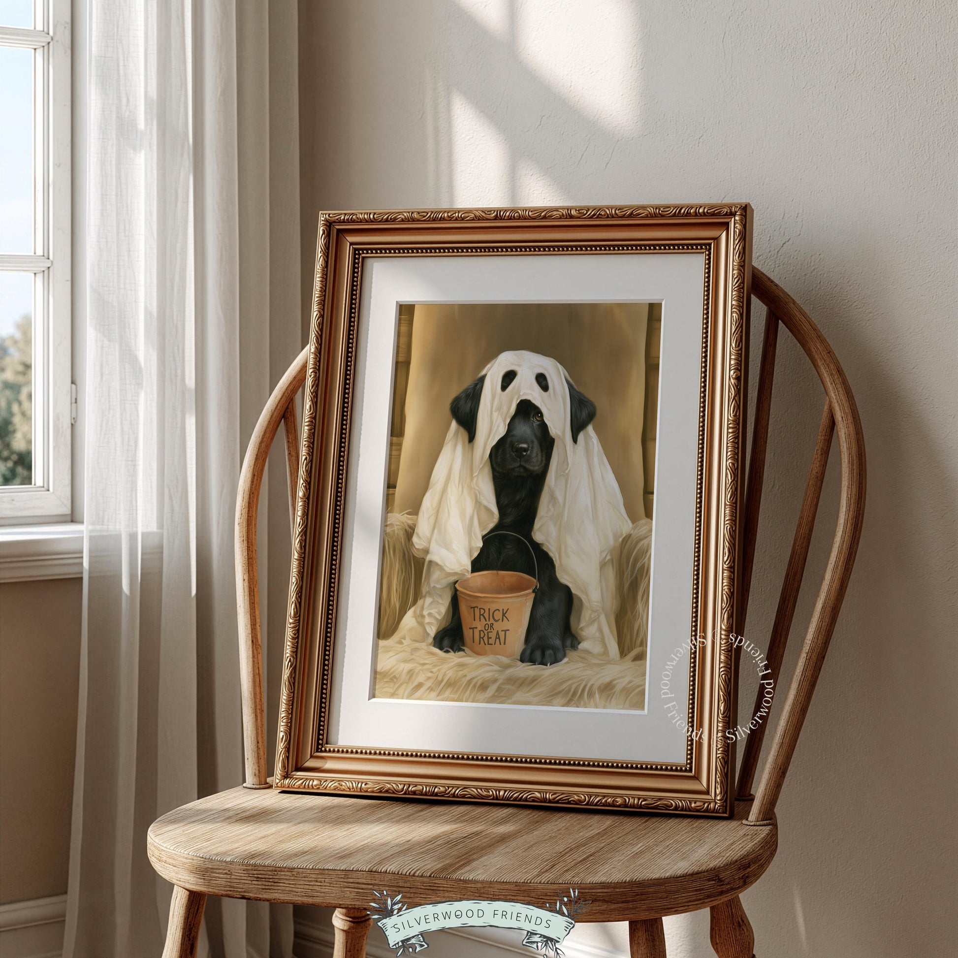 Halloween pet portrait painting for entryway — black Labrador in sheet costume with dramatic mood
