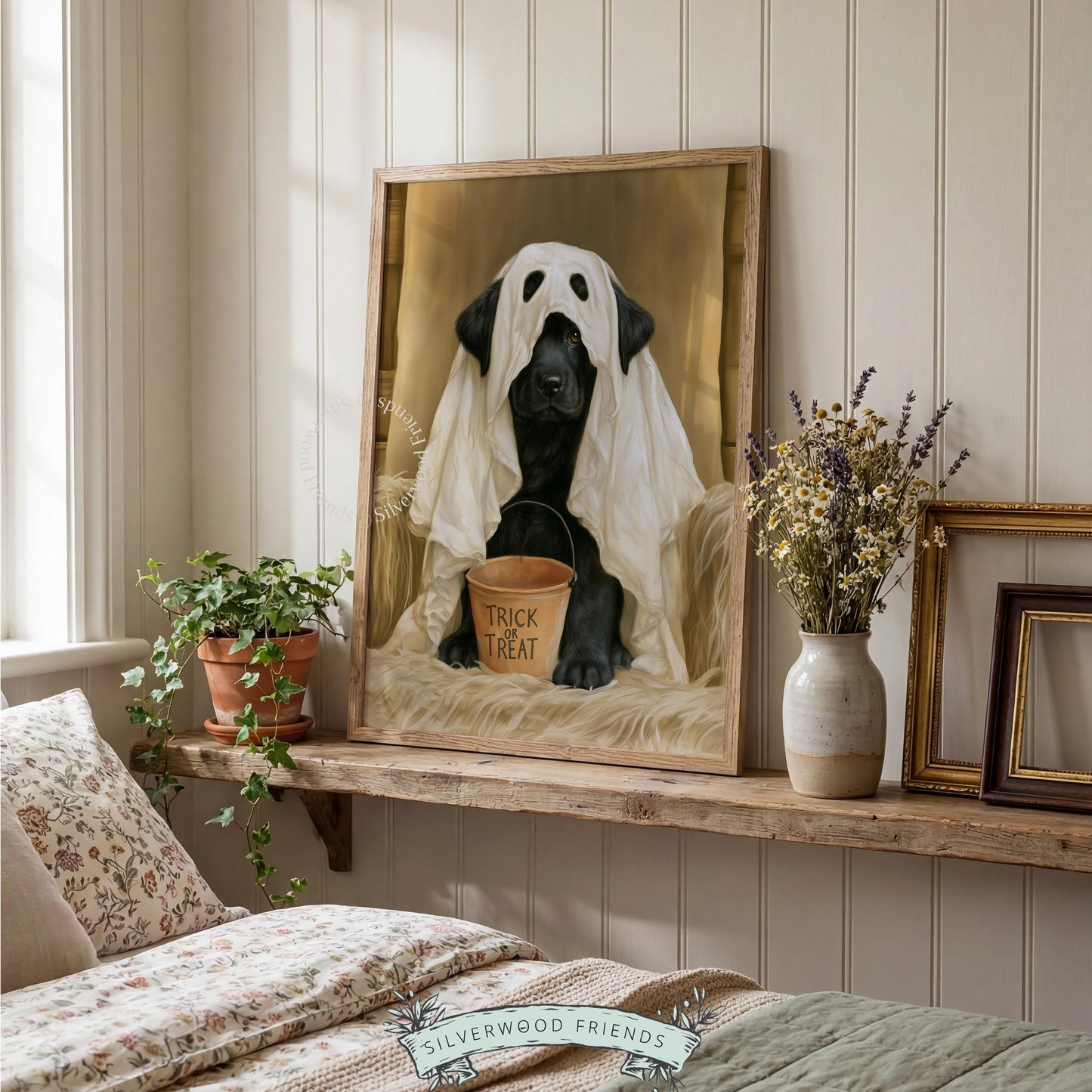 Spooky pup in white sheet digital download art — realistic portrait of black dog with Halloween bucket