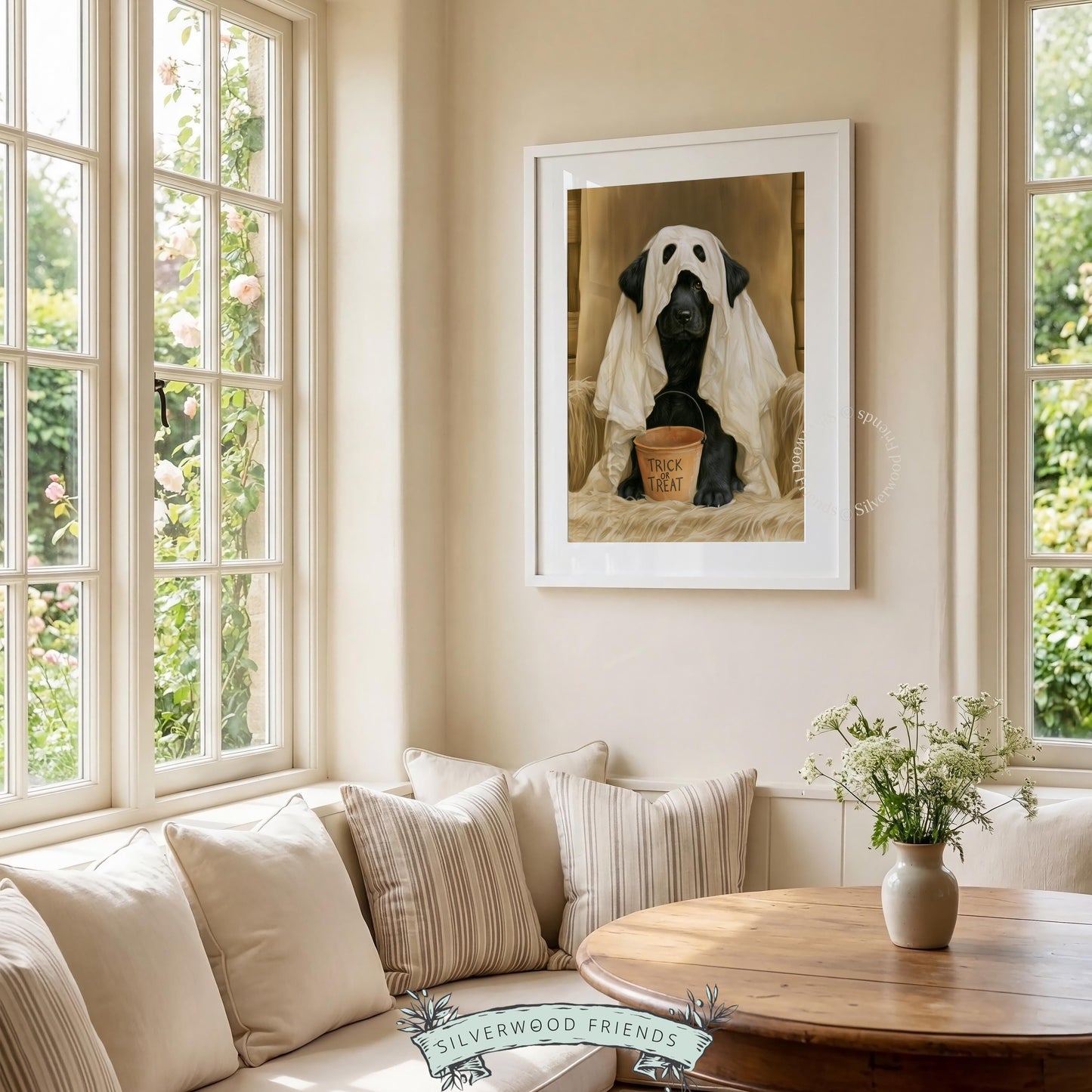 Ghost costume dog artwork for seasonal decor — vintage Lab portrait with warm palette and friendly mood