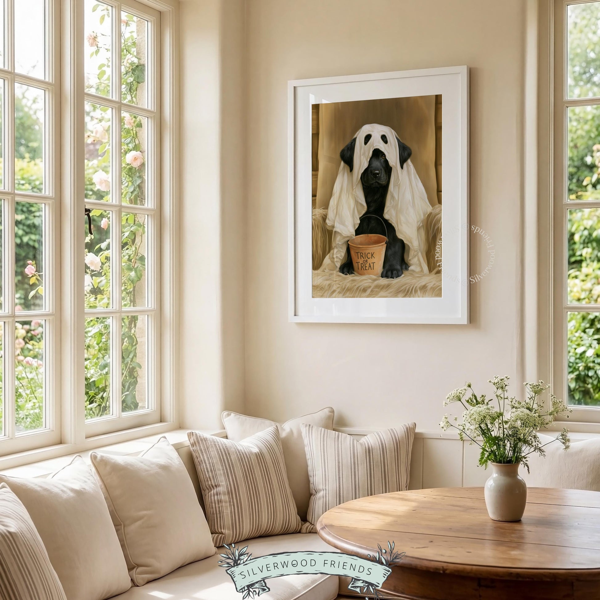 Ghost costume dog artwork for seasonal decor — vintage Lab portrait with warm palette and friendly mood