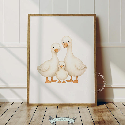 Cute duck family digital print wall decor for baby room — warm-toned watercolor illustration