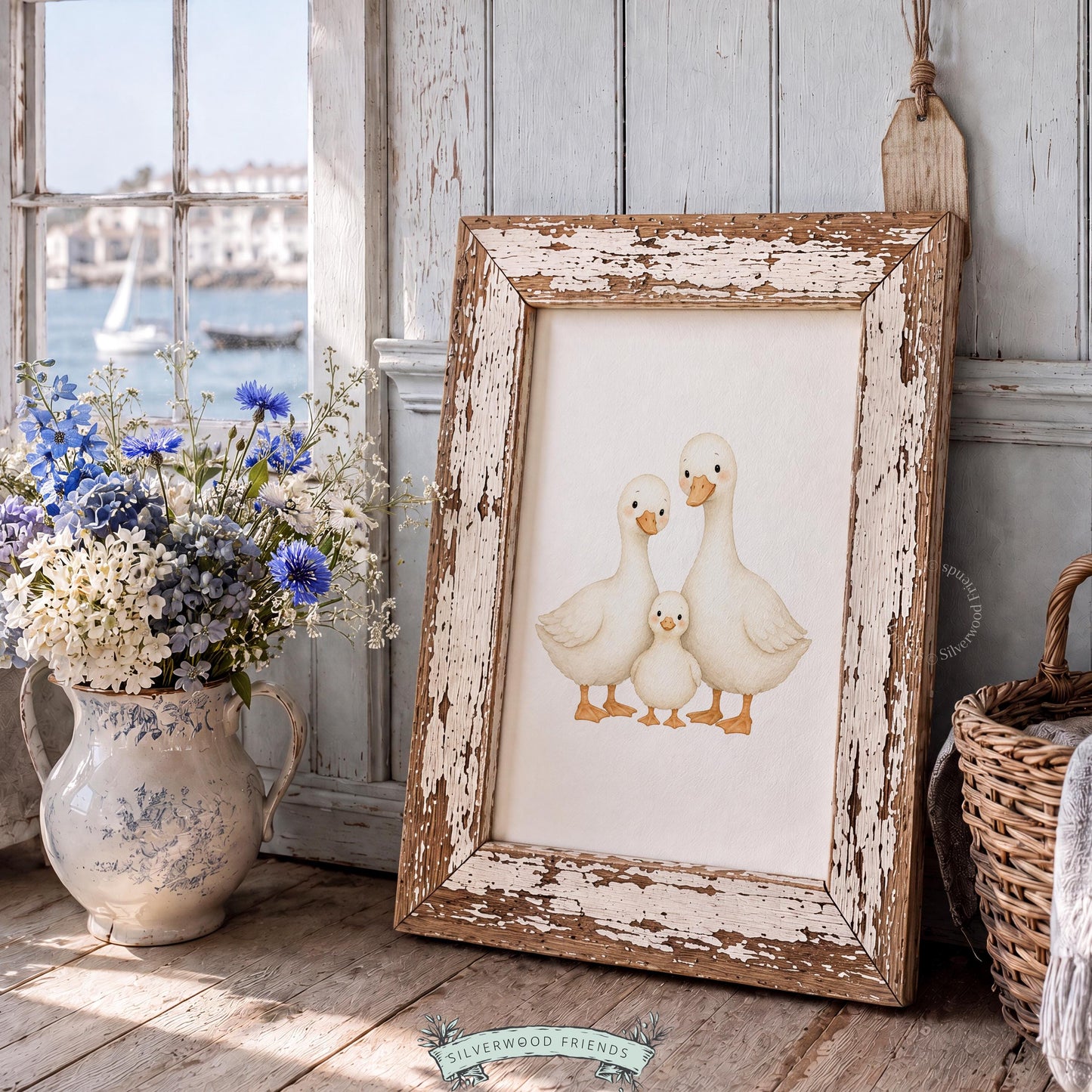 Baby duck with adult ducks wall print for kids' room — soft illustration in cream and neutral tones