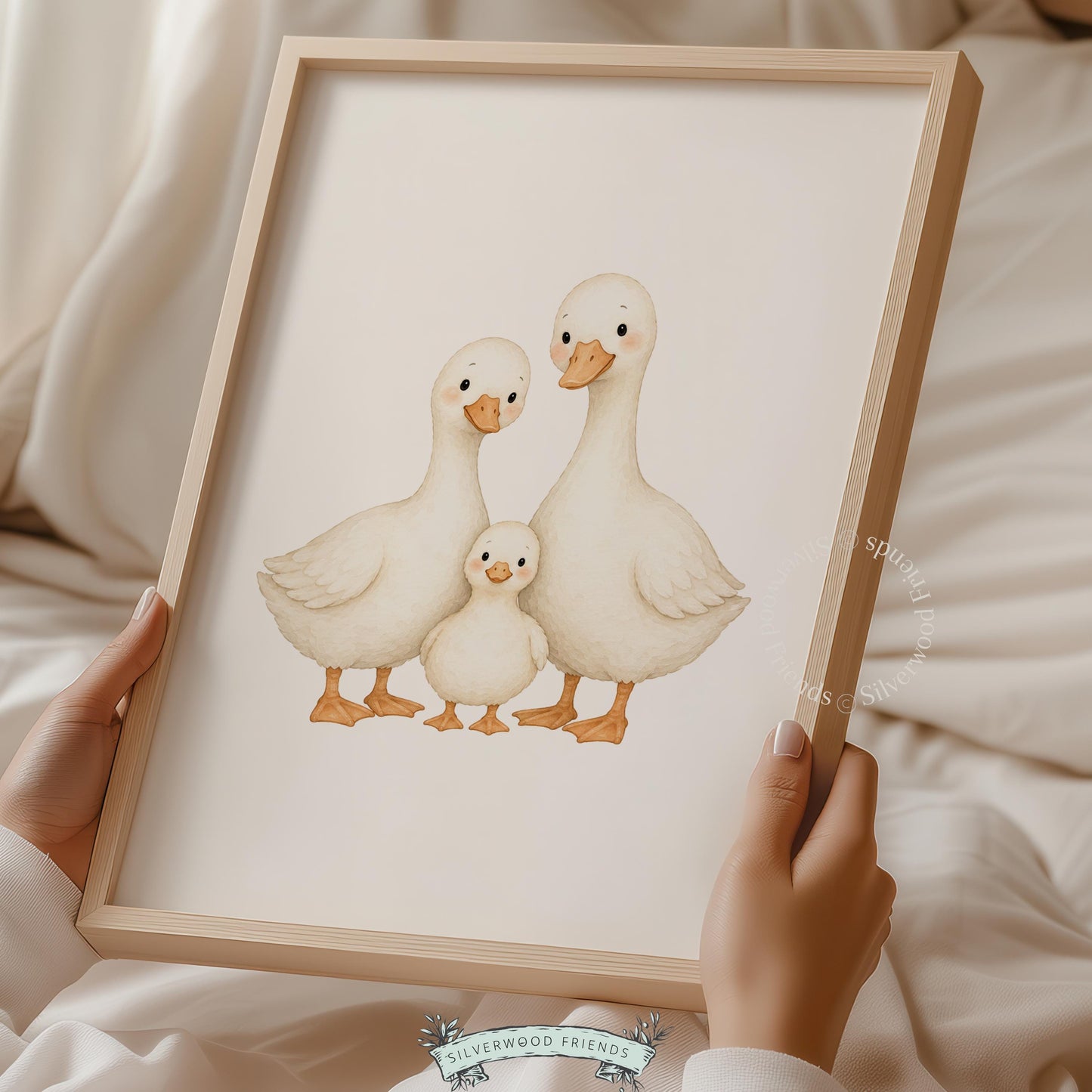 Three ducks together poster printable art for baby's room — gentle watercolor in warm ivory palette
