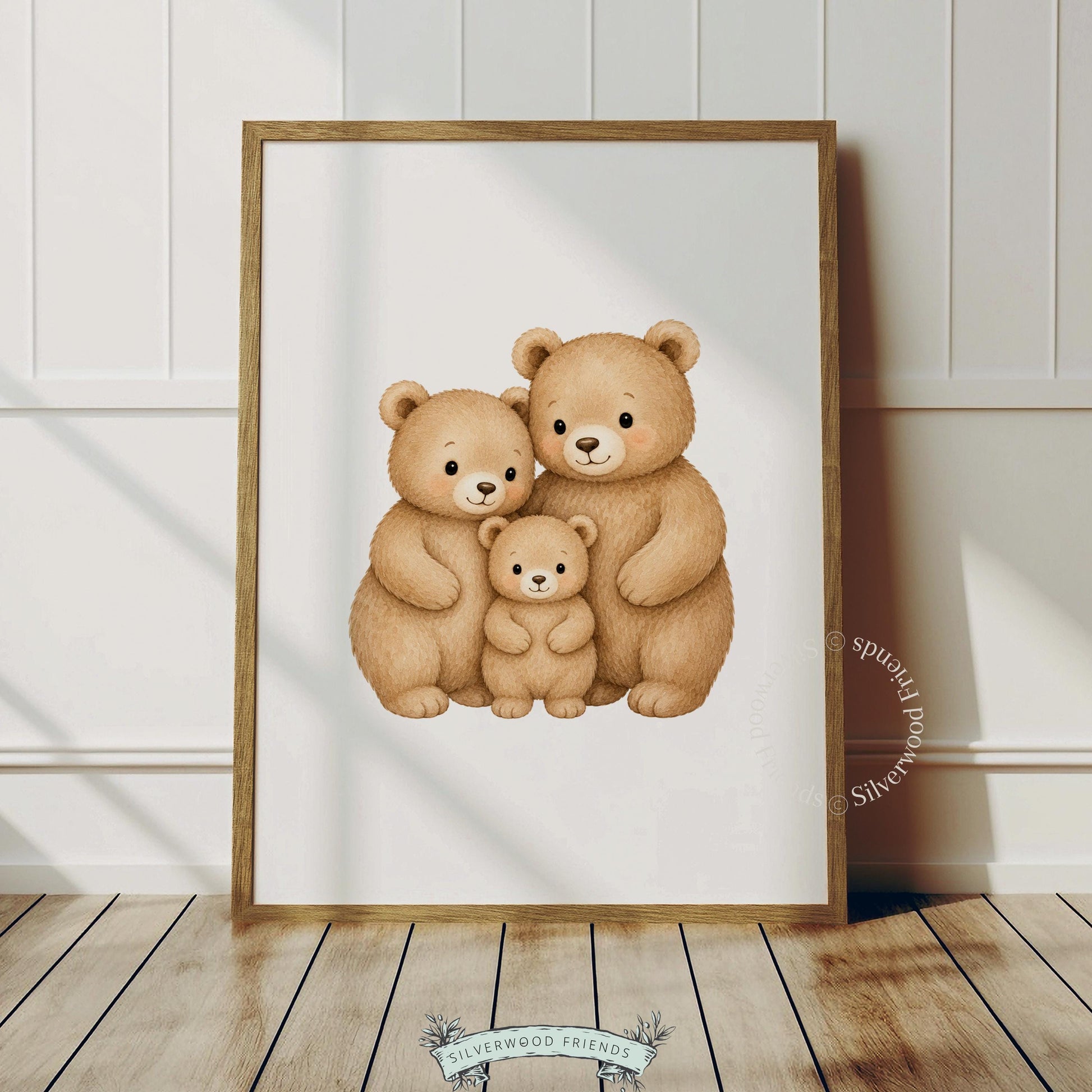 Parent and baby bear love picture art for neutral nursery — peaceful illustration with warm color palette