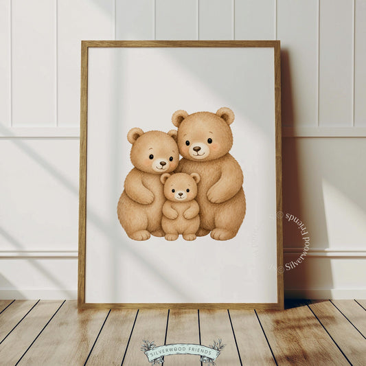 Parent and baby bear love picture art for neutral nursery — peaceful illustration with warm color palette