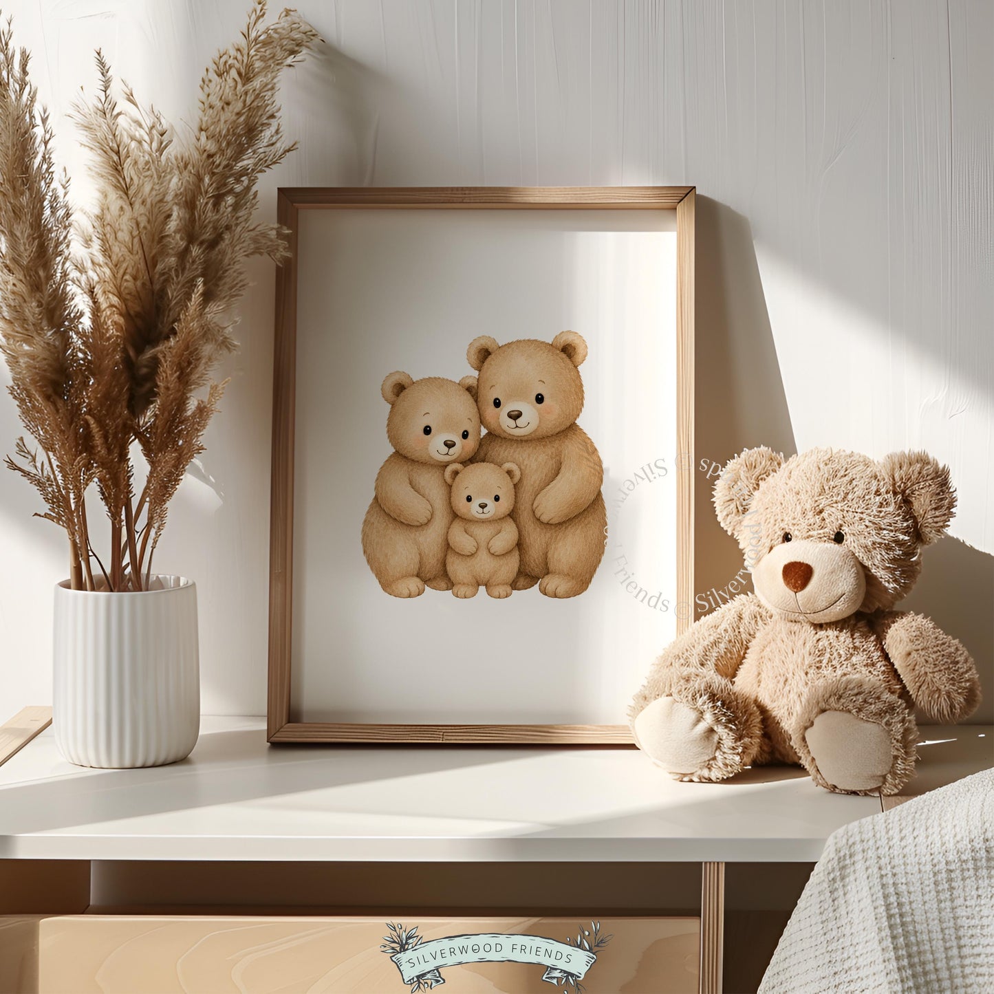 Family of three bears digital wall art for toddler nursery — cozy watercolor painting with fuzzy aesthetic