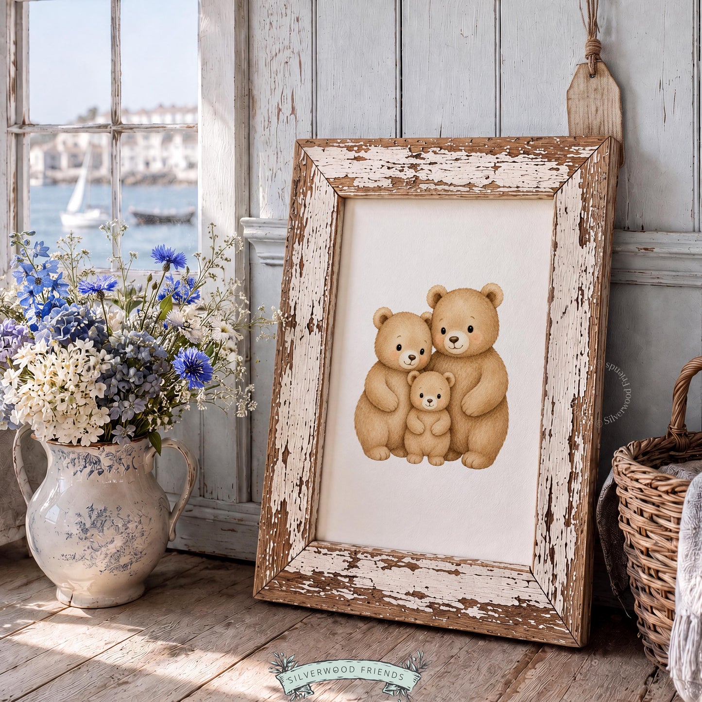 Sweet bear family bonding printable art for baby space — soft watercolor with comforting, peaceful mood