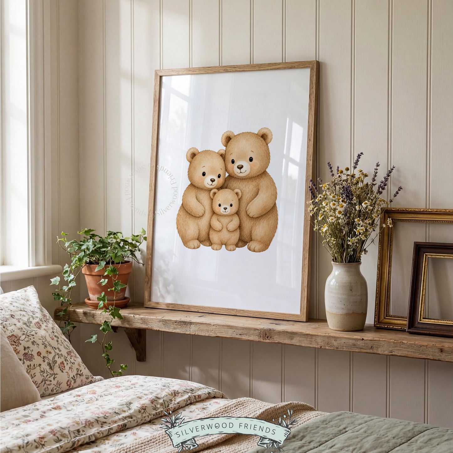 Gentle bear family illustration wall print for child's room — watercolor art in warm earthy tones