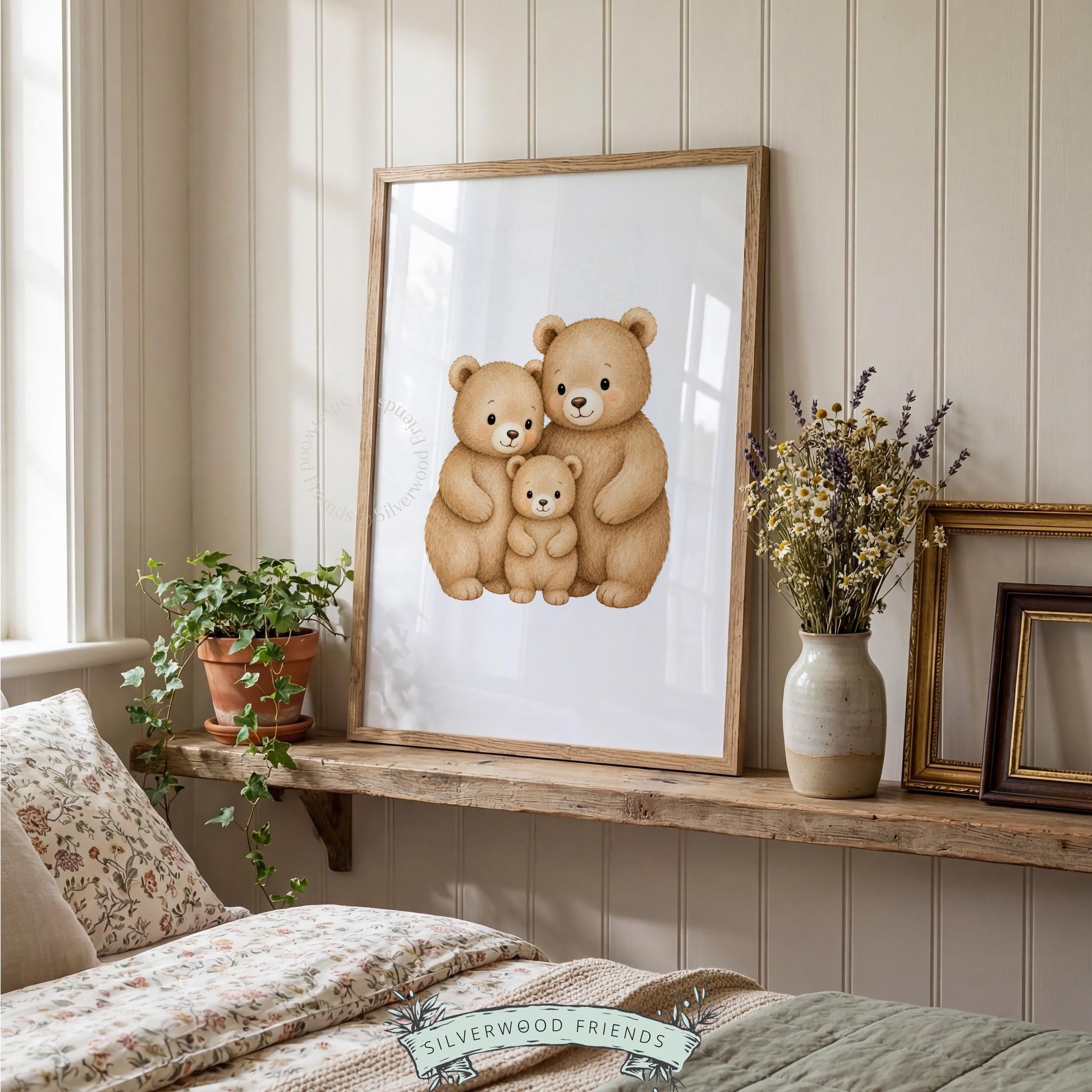 Gentle bear family illustration wall print for child's room — watercolor art in warm earthy tones
