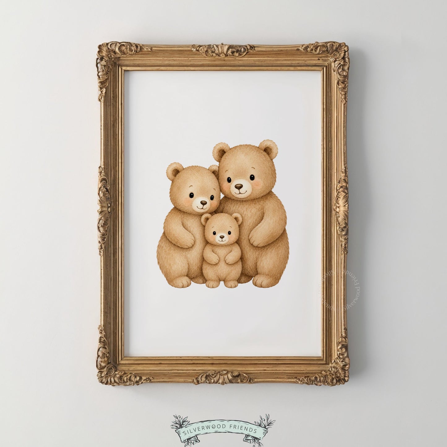 Three bears bonding painting for playroom — tender family moment in soft, calming watercolor style