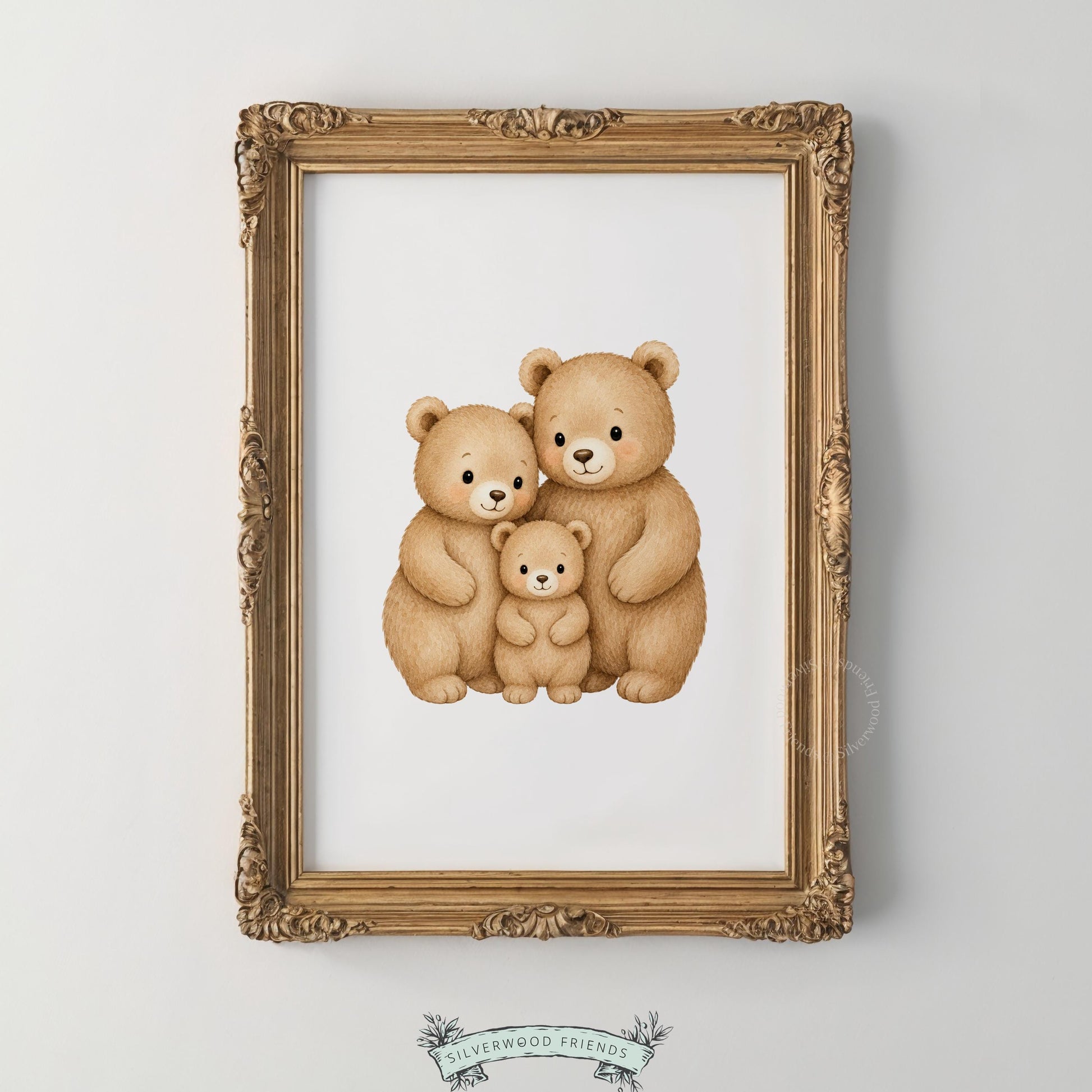 Three bears bonding painting for playroom — tender family moment in soft, calming watercolor style