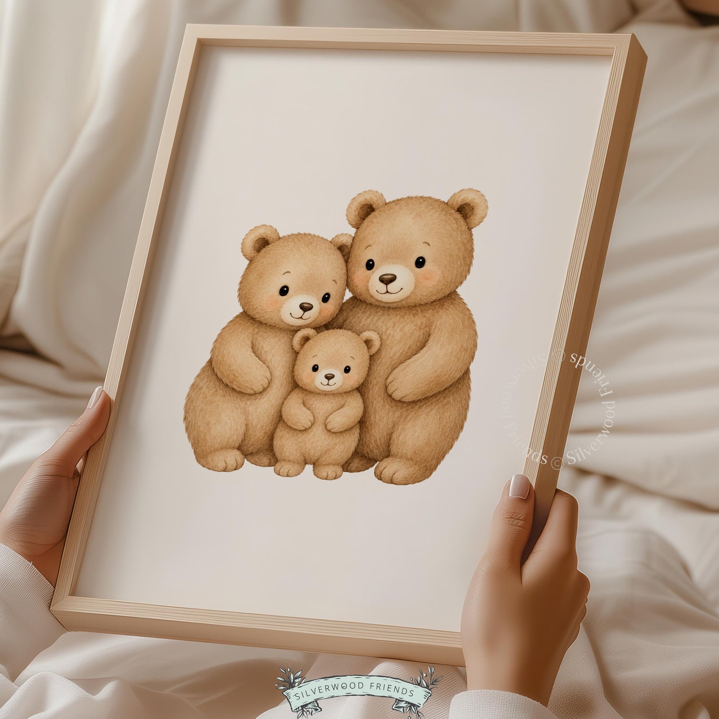 Two adult bears embracing baby bear picture for playroom — peaceful watercolor with soft brown palette