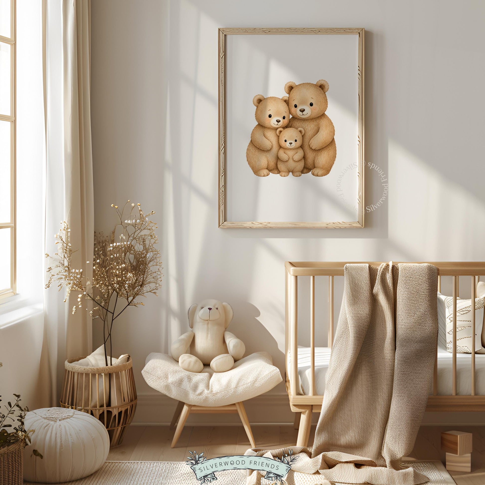 Three bears family portrait printable art for nursery — watercolor illustration with warm tan and brown tones