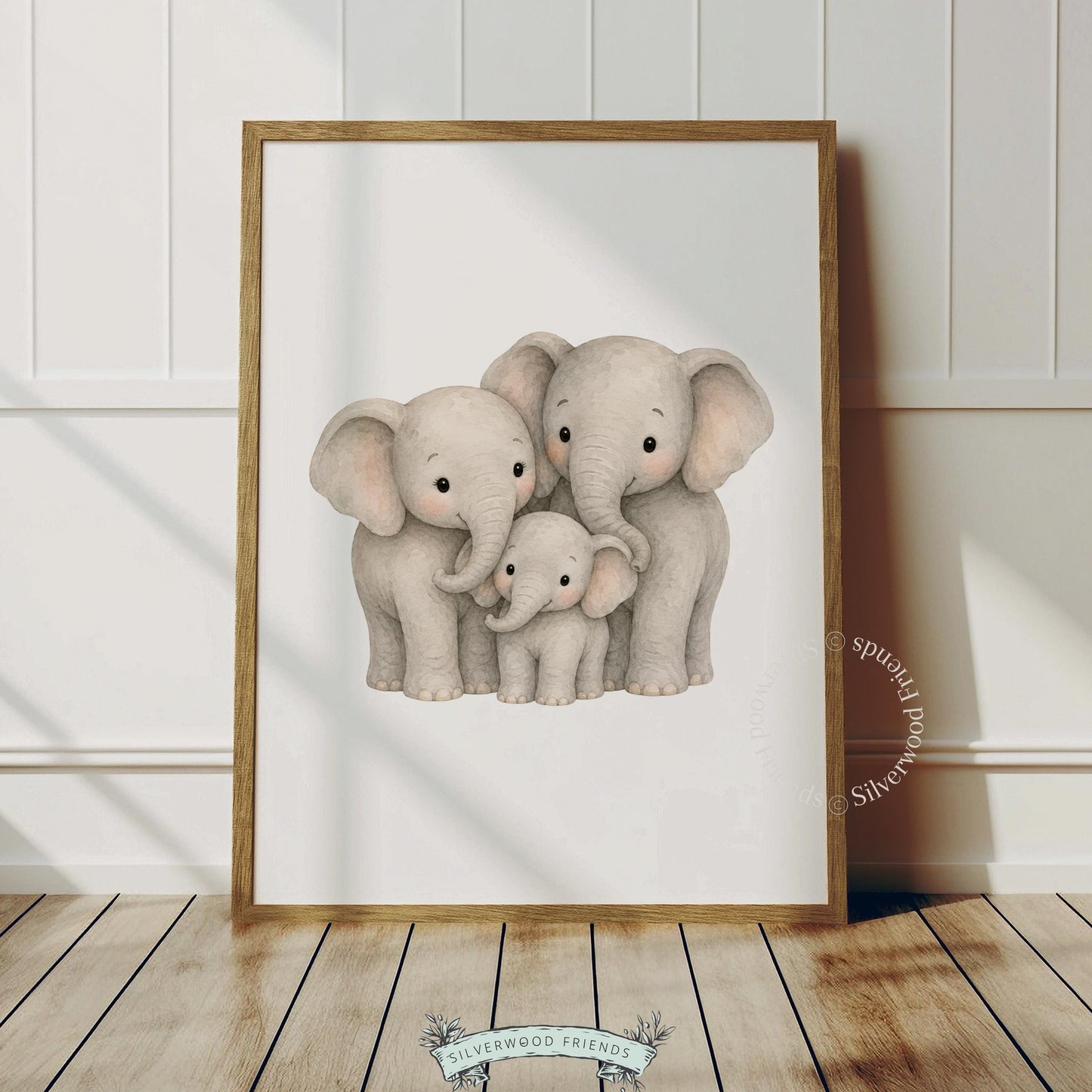 Tender elephant group picture printable art for playroom — watercolor-style family moment in calming shades
