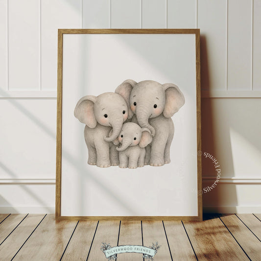 Tender elephant group picture printable art for playroom — watercolor-style family moment in calming shades