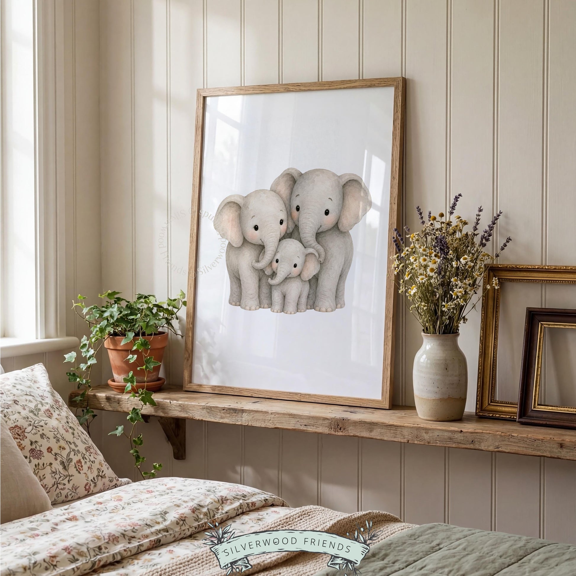 Gentle elephant clan illustration wall art for toddler décor — three generations in warm neutral palette