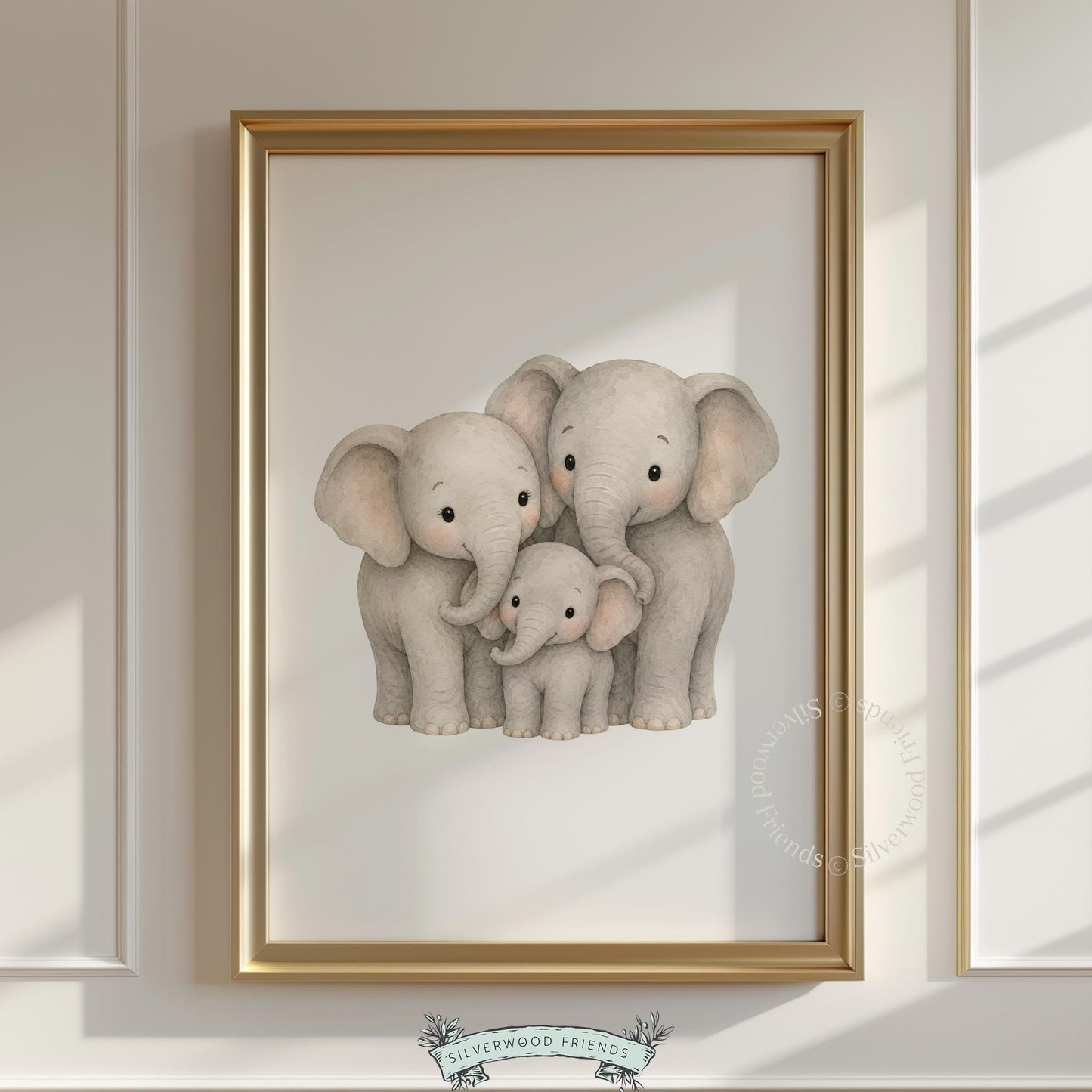 Three elephants instant download art for baby shower gift — precious watercolor design with warm undertones