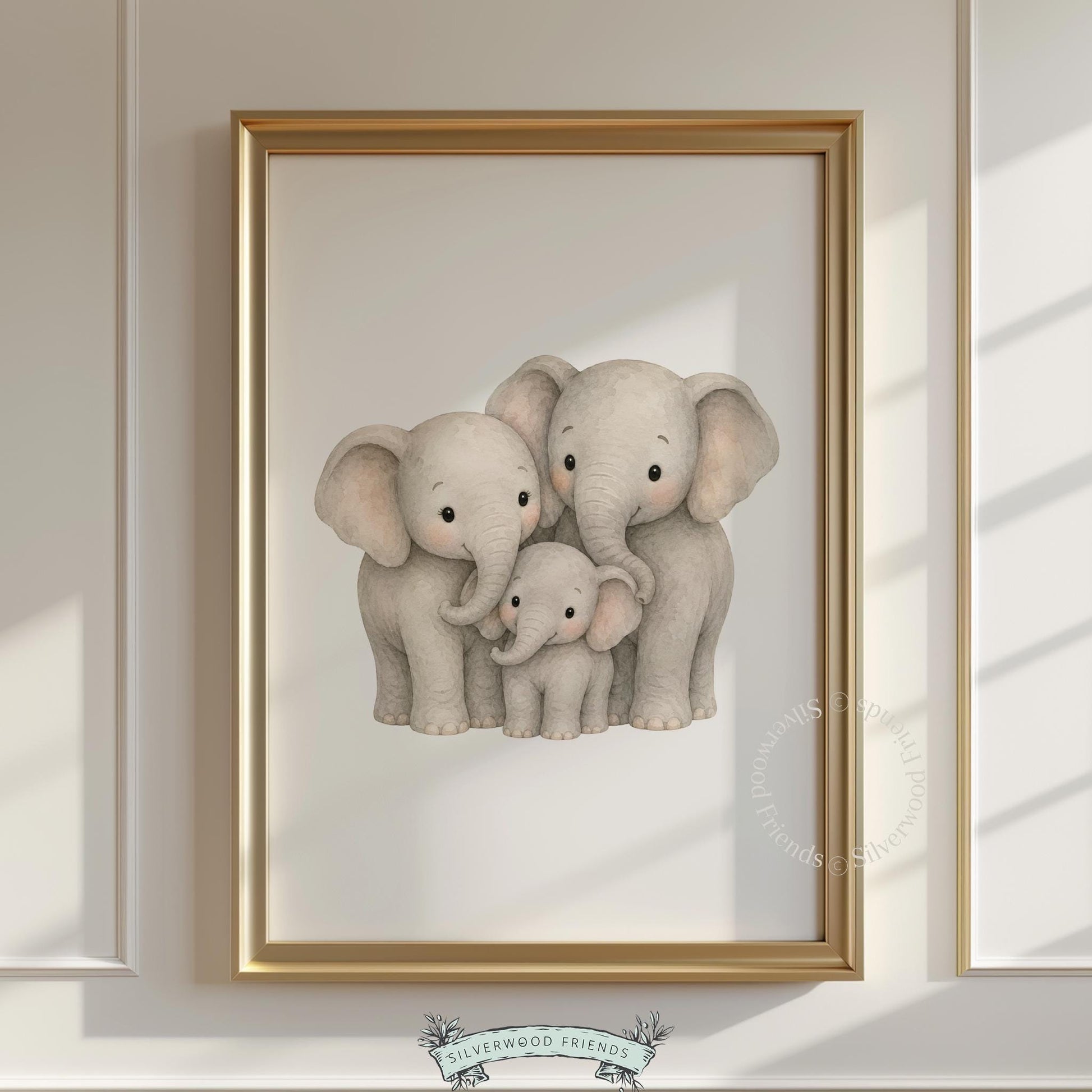 Three elephants instant download art for baby shower gift — precious watercolor design with warm undertones